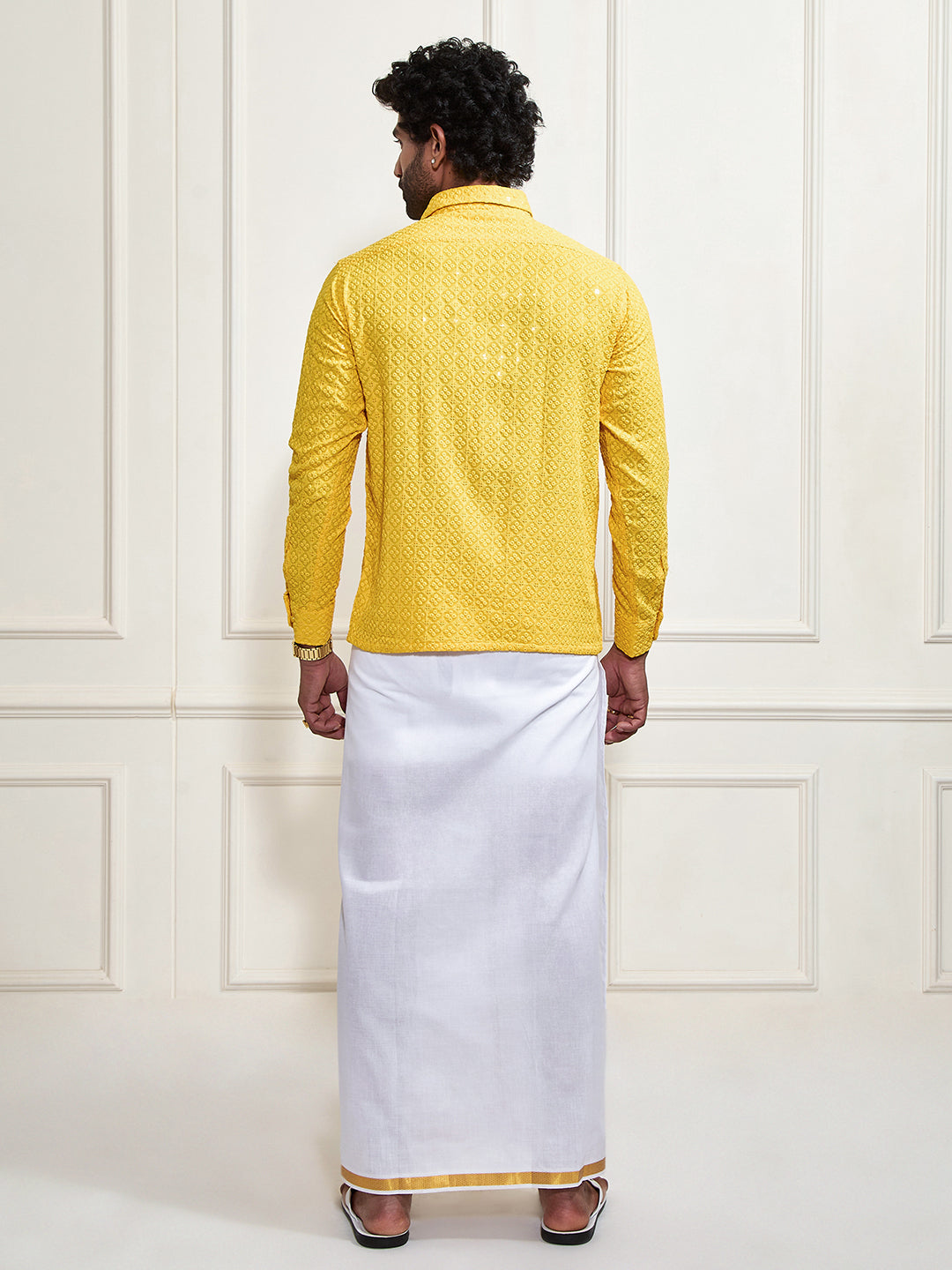Men's Yellow Rayon Ethnic Shirt And Mundu Set
