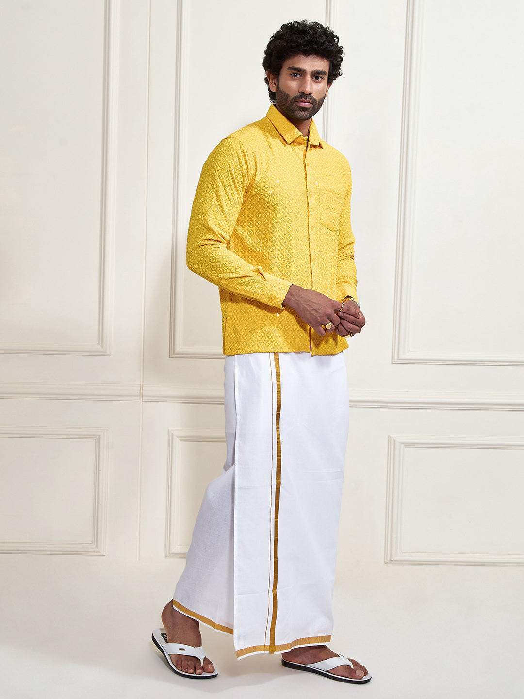 Men's Yellow Rayon Ethnic Shirt And Mundu Set