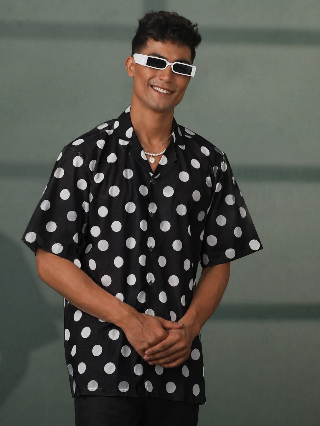 Men's Black Cambric Cotton Polka Dot Cuban Collar Shirt