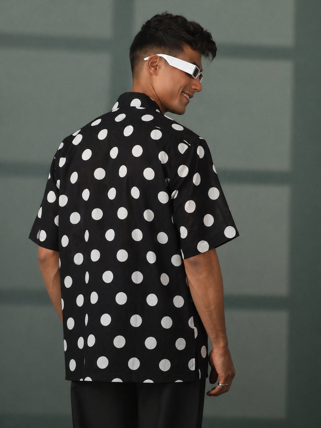 Men's Black Cambric Cotton Polka Regular Shirt