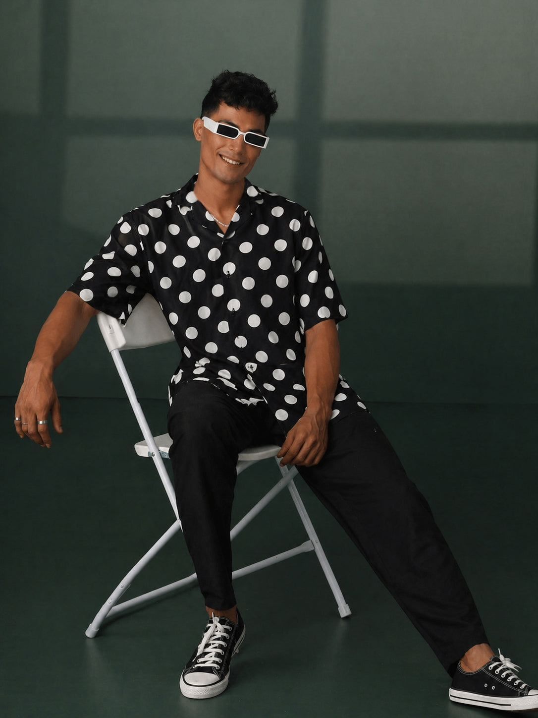 Men's Black Cambric Cotton Polka Regular Shirt