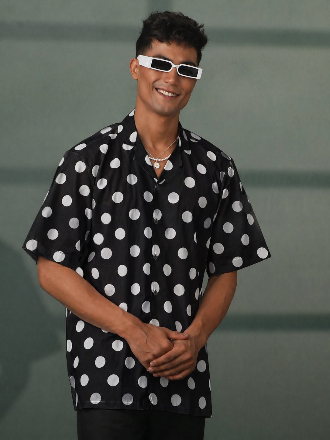 Men Black Polka Dot Plain Waist Length Shirt