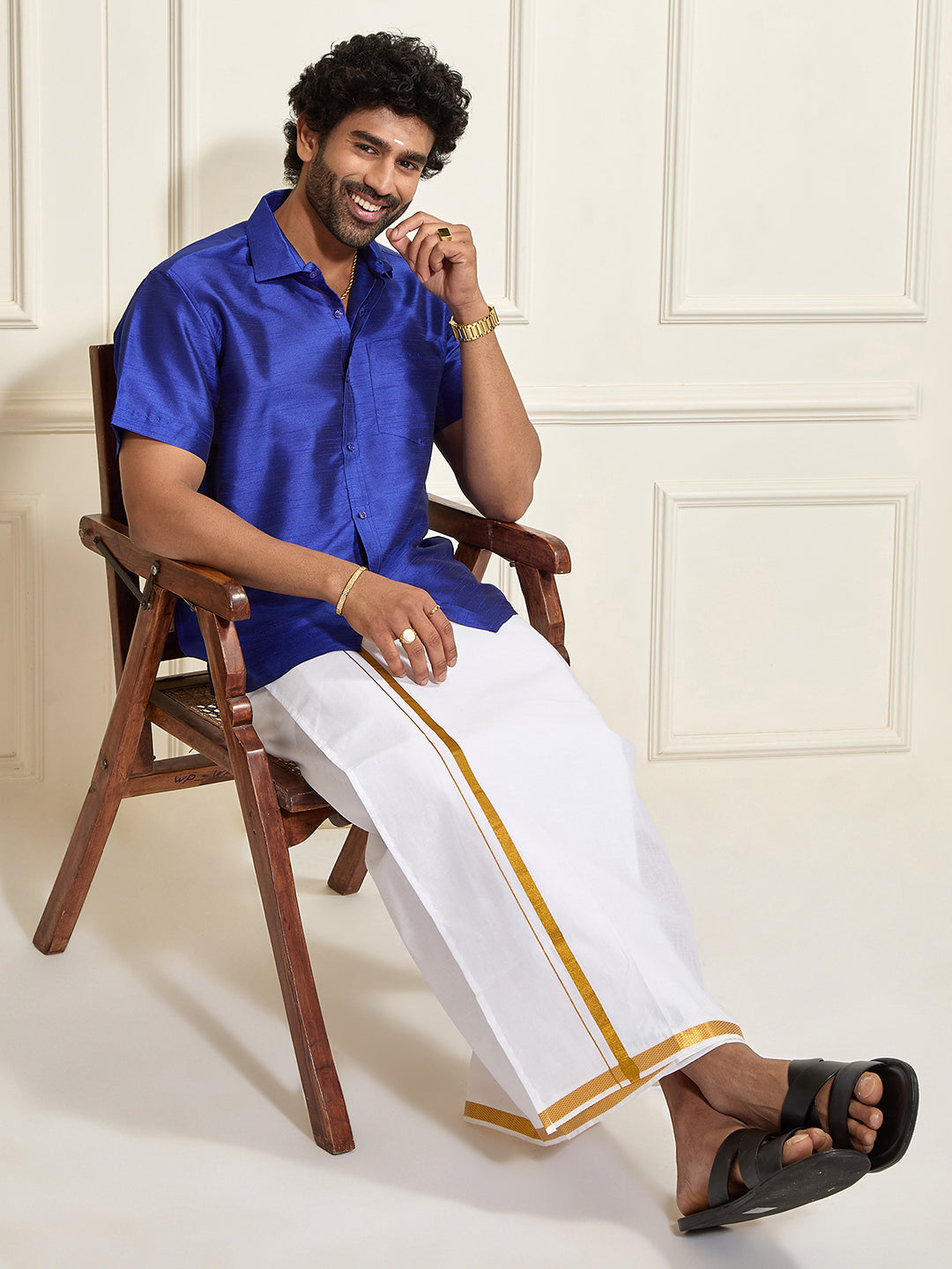 Men's Royal Blue Silk Blend Shirt And Mundu