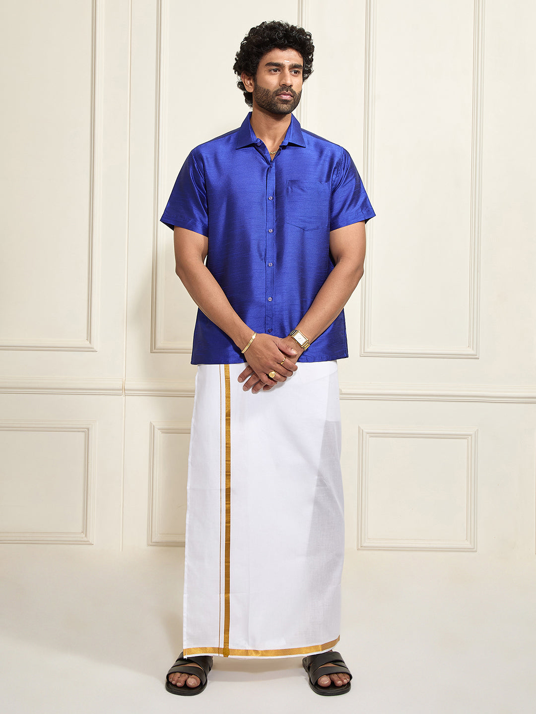 Men's Royal Blue Silk Blend Shirt And Mundu