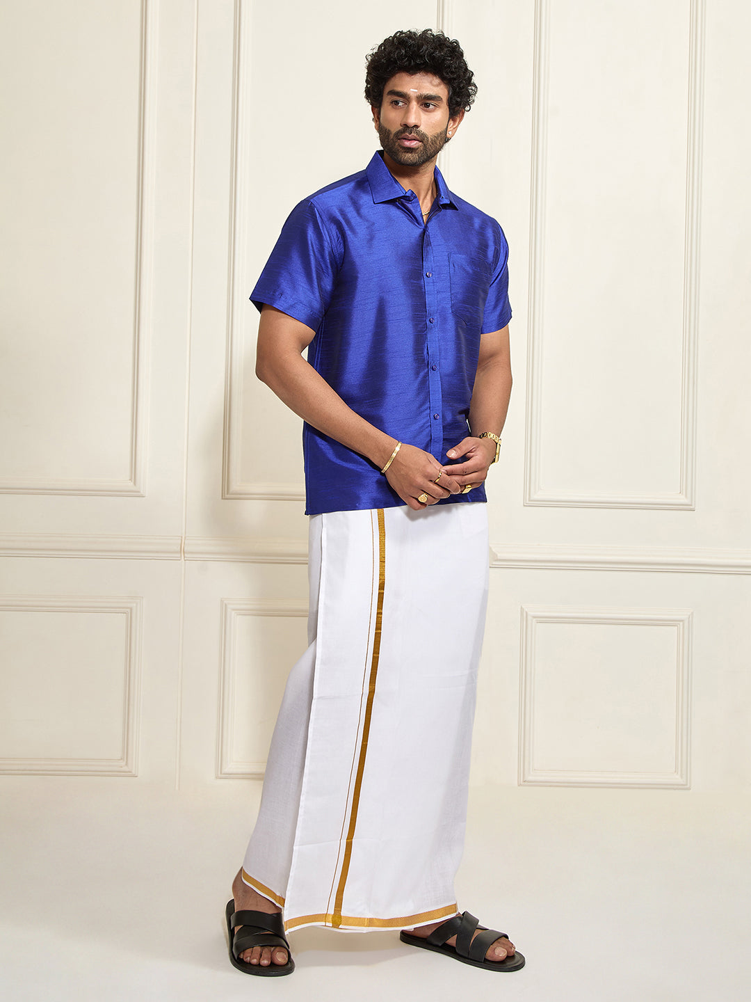 Men's Royal Blue Silk Blend Shirt And Mundu