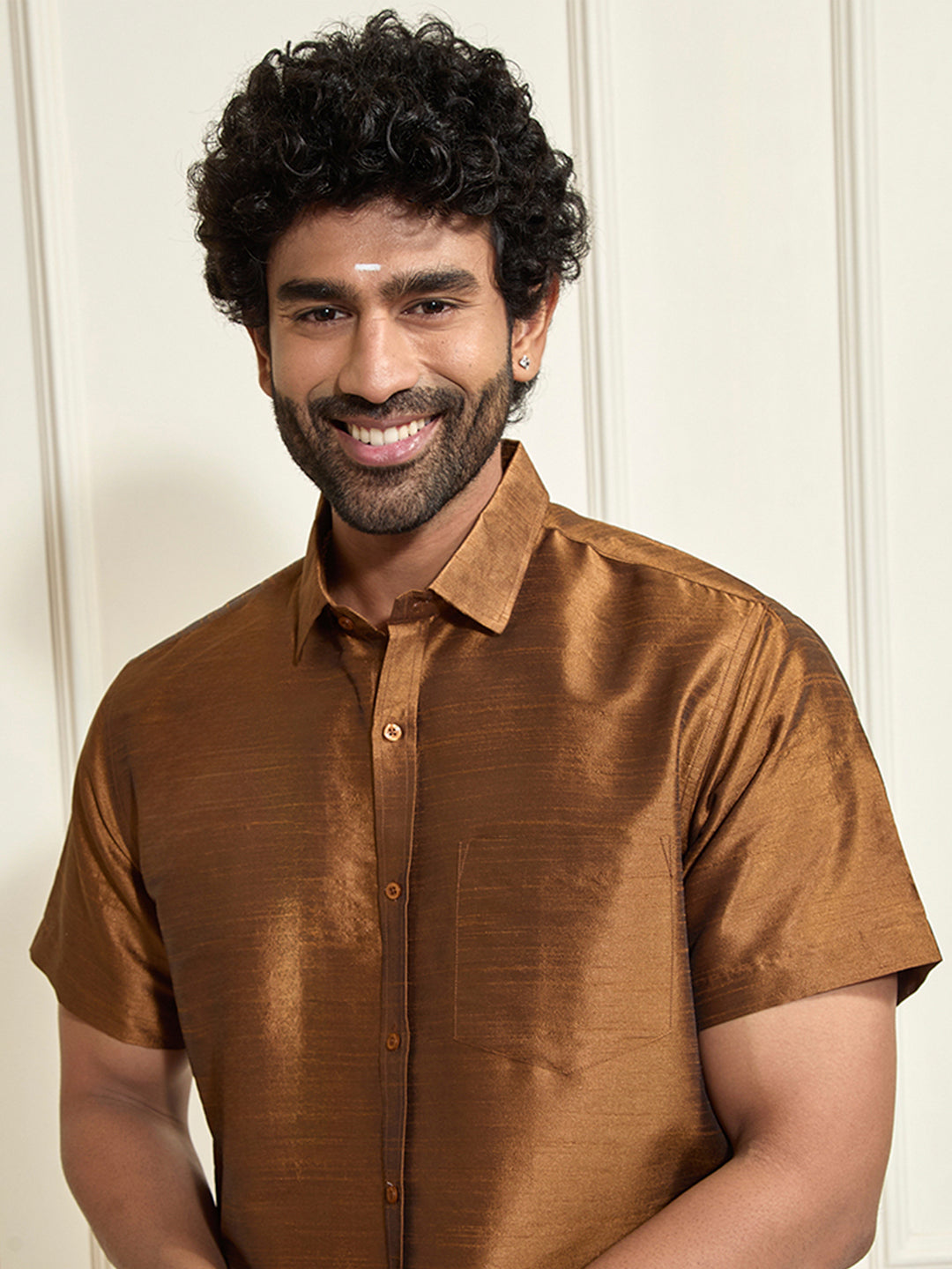 VASTRAMAY Men's Brown Silk Blend Ethnic Shirt