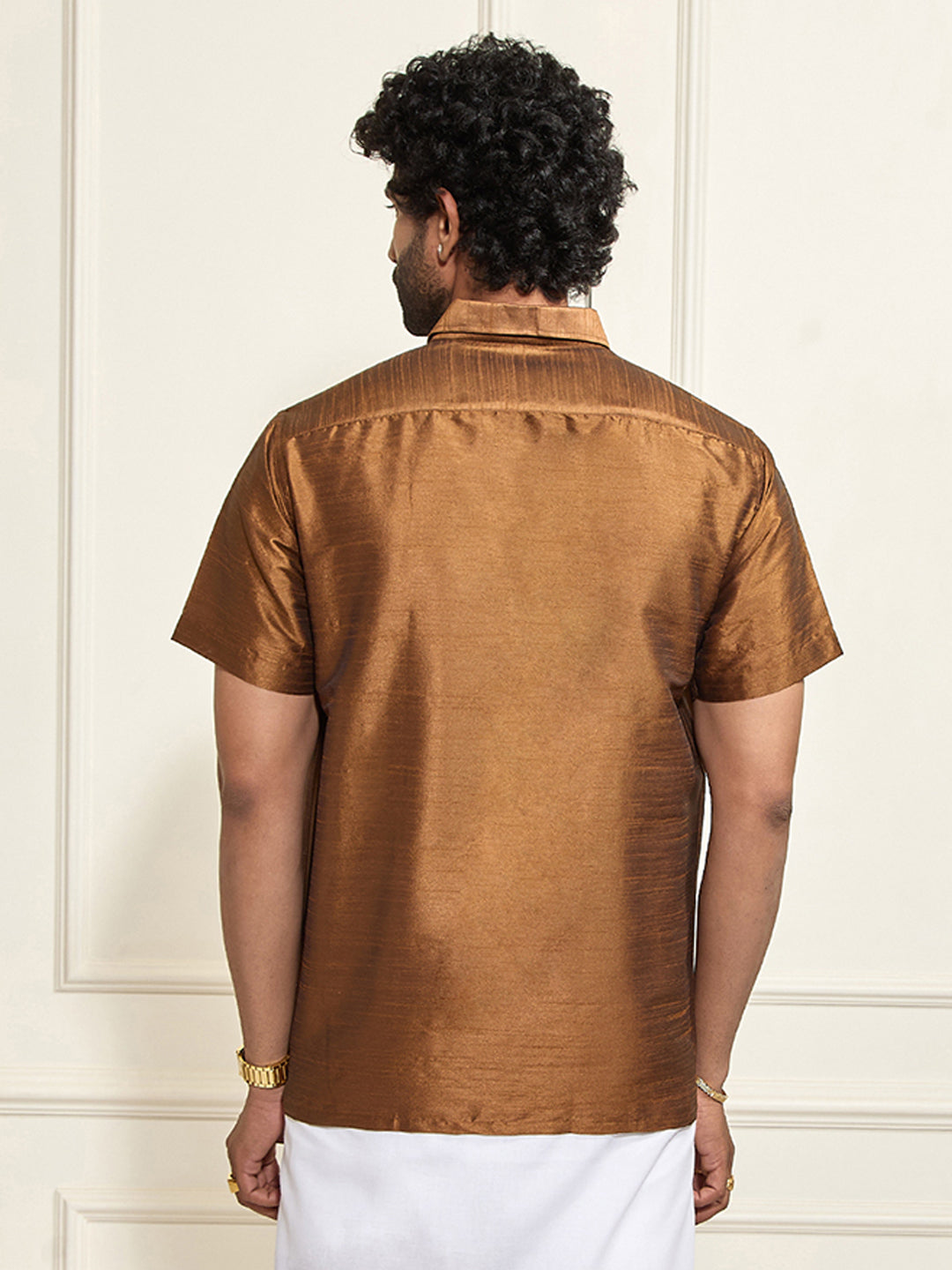 VASTRAMAY Men's Brown Silk Blend Ethnic Shirt