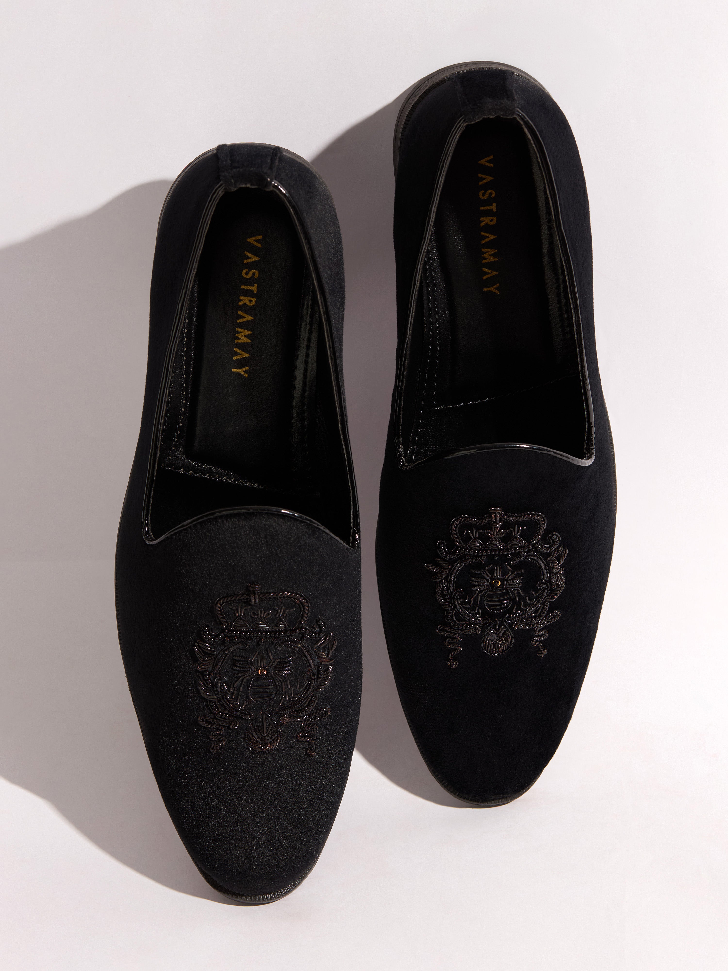 Men's Black Velvet Zardozi Embroidered Loafer | Crown & Crest Motif | Black Beads | TPR Sole