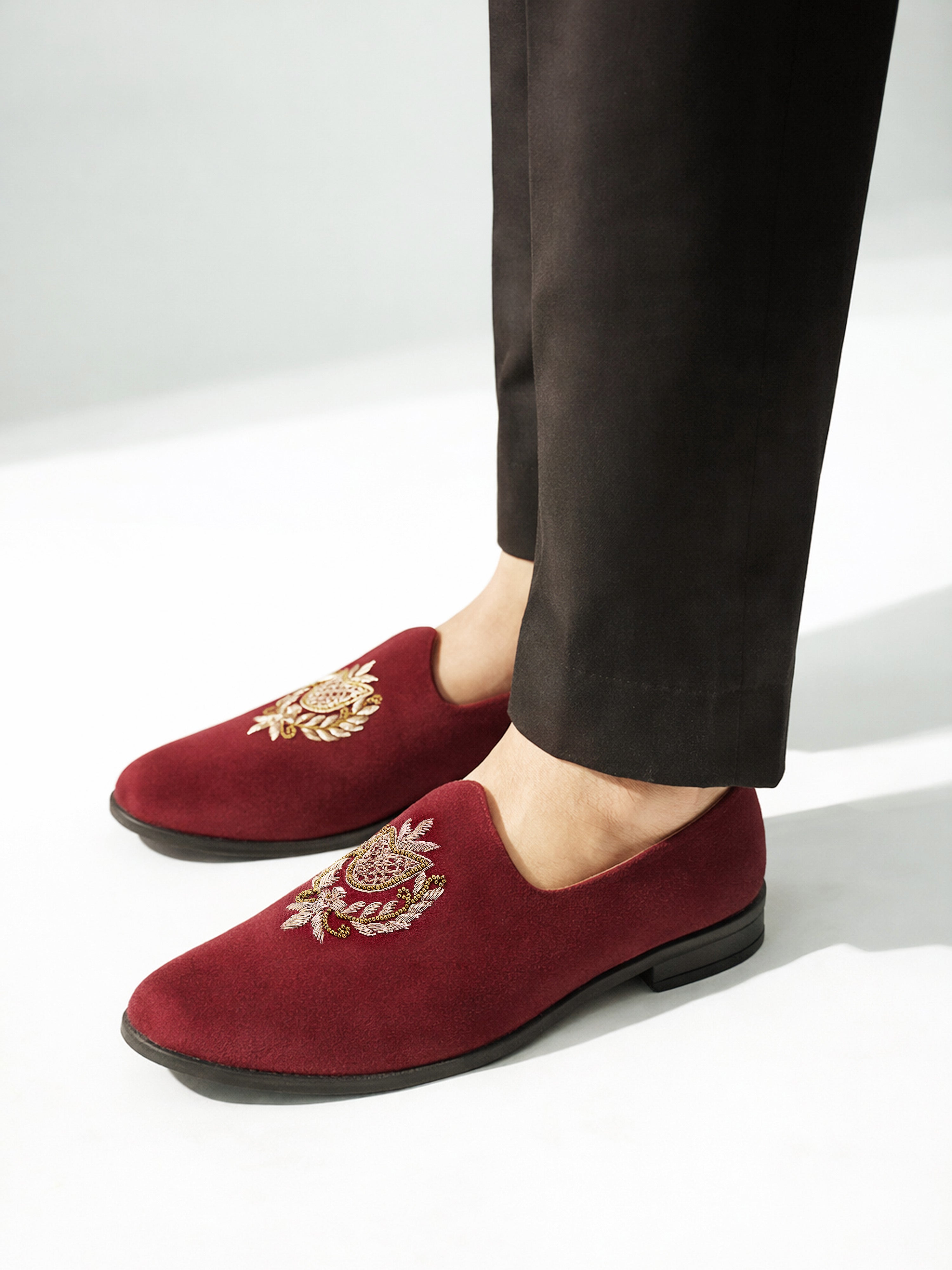 Men's Maroon Velvet Zardozi Loafer | Golden Bead & Zari Work Motif | Almond Toe | TPR Sole | All Season