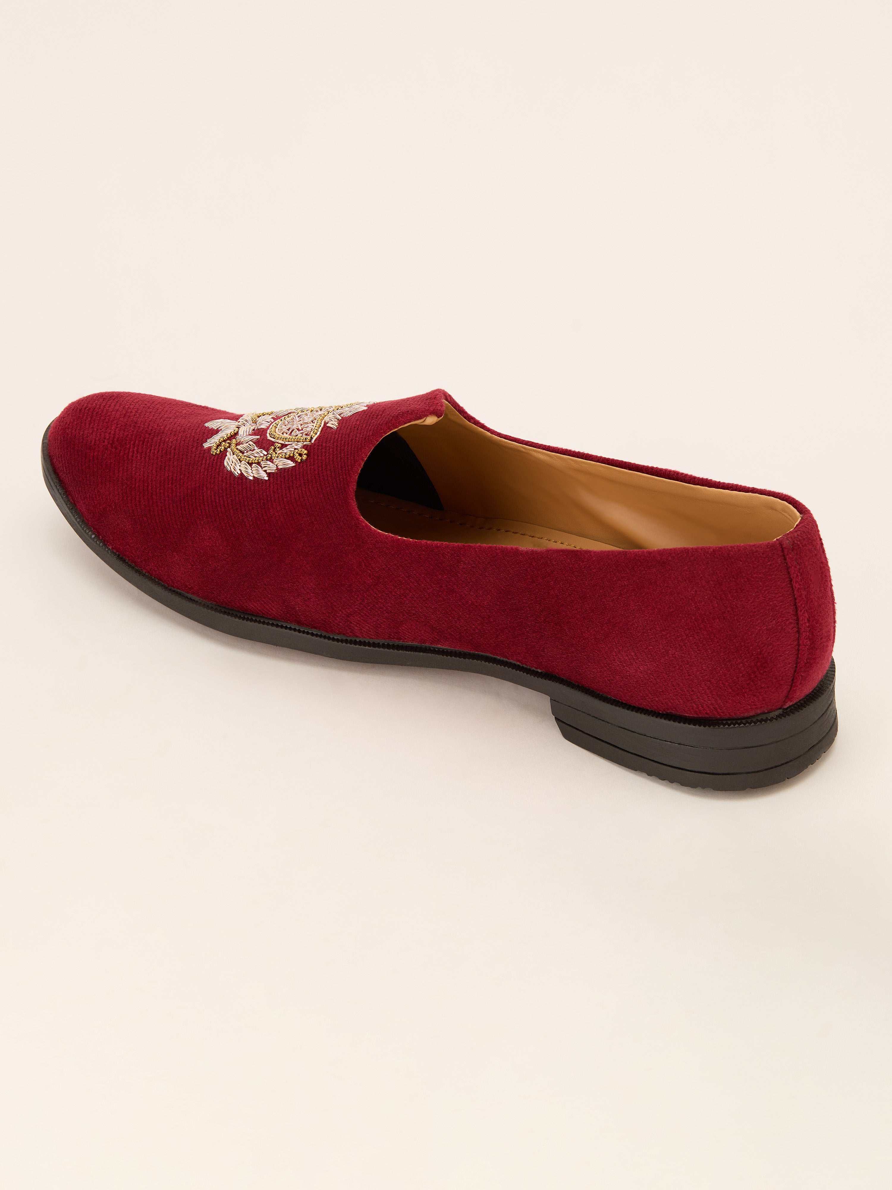 Men's Maroon Velvet Zardozi Loafer | Golden Bead & Zari Work Motif | Almond Toe | TPR Sole | All Season