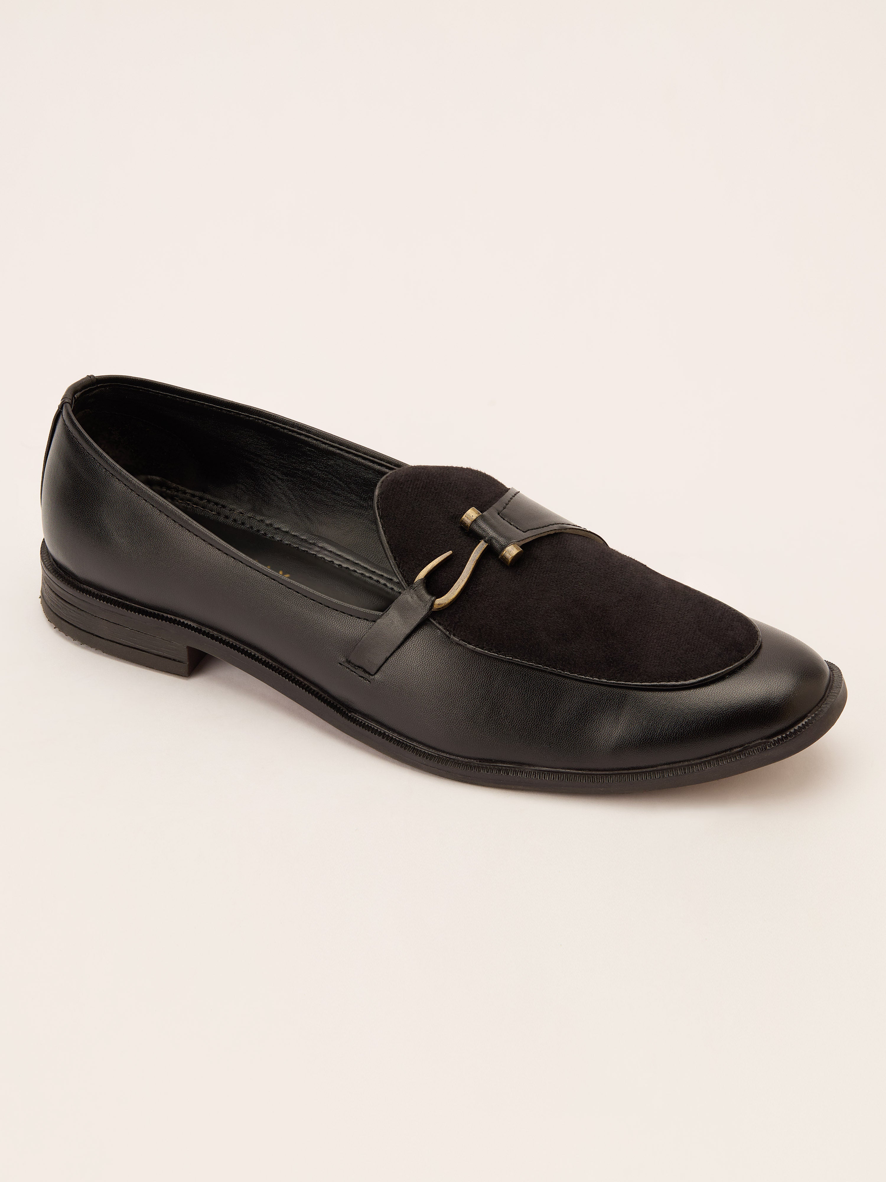 Men's Black Velvet-Suede Inlay Buckle Loafer | Brass-Toned Metallic Strap | Almond Toe | TPR Sole | All Season