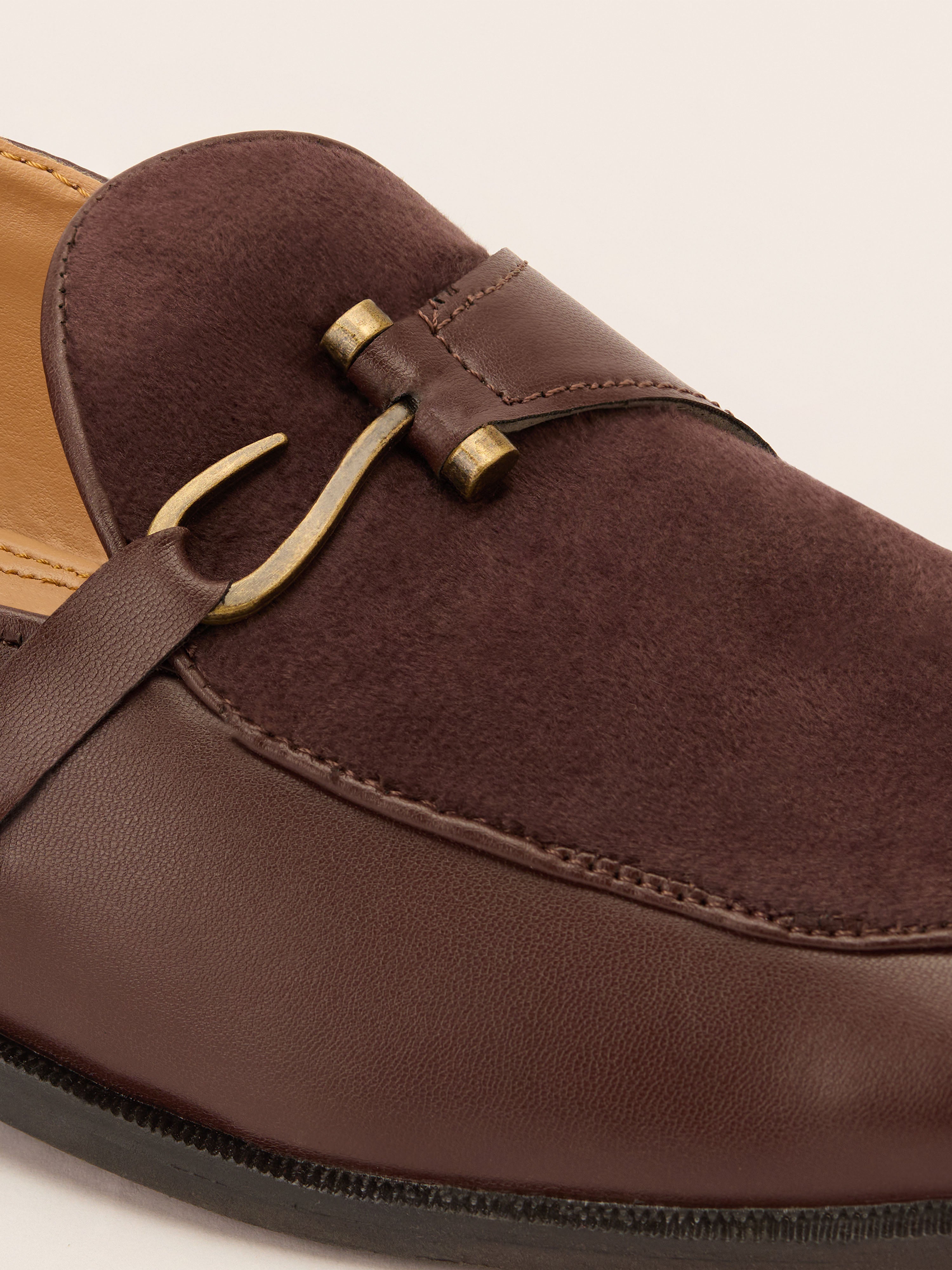 Men's Brown Velvet-Suede Inlay Buckle Loafer | Brass-Toned Metallic Strap | Almond Toe | TPR Sole | All Season