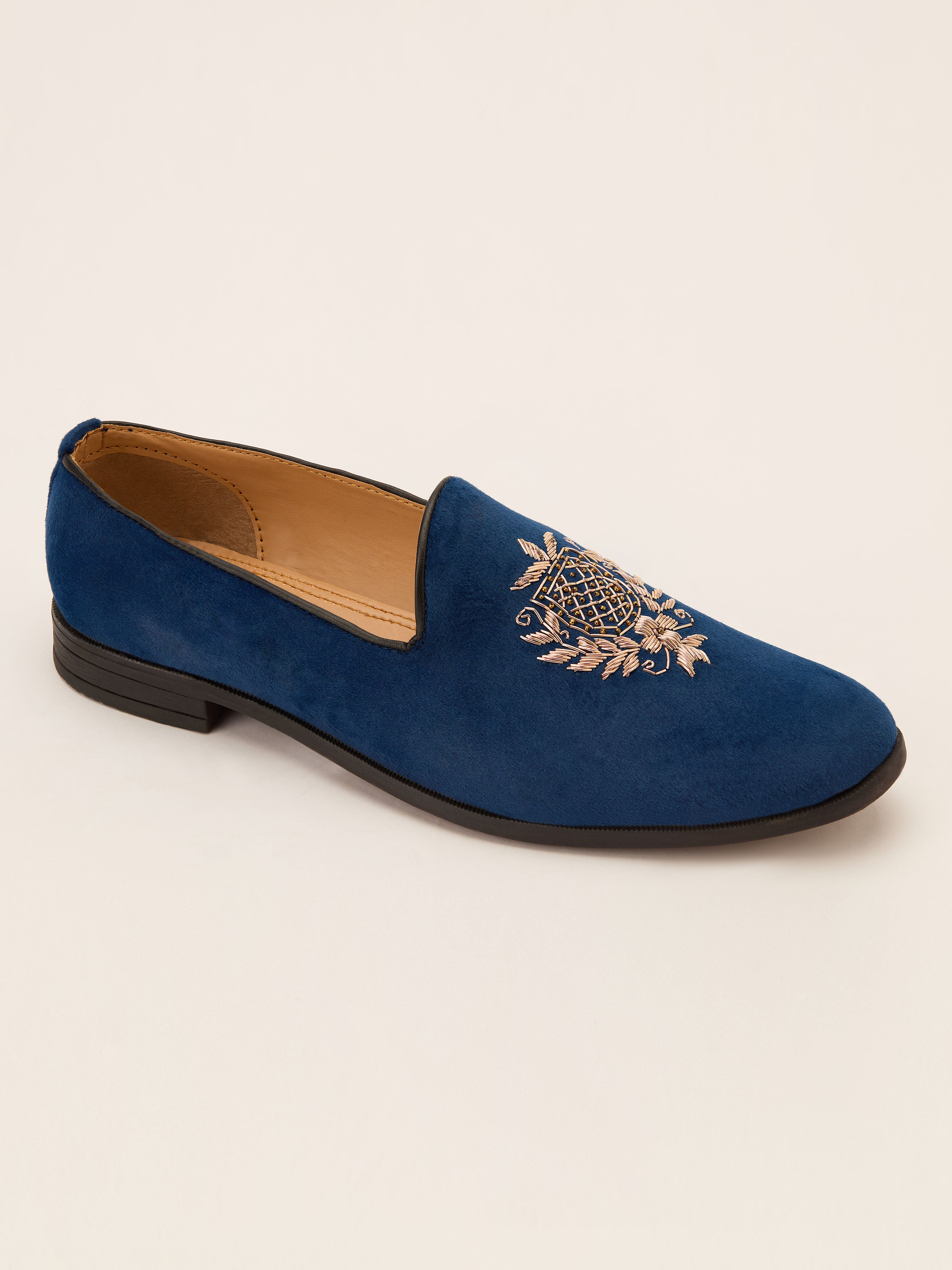 Men's Blue Velvet Zardozi Crest Loafer | Gold Shield & Laurel Wreath Motif | Golden Beads | Almond Toe | TPR Sole