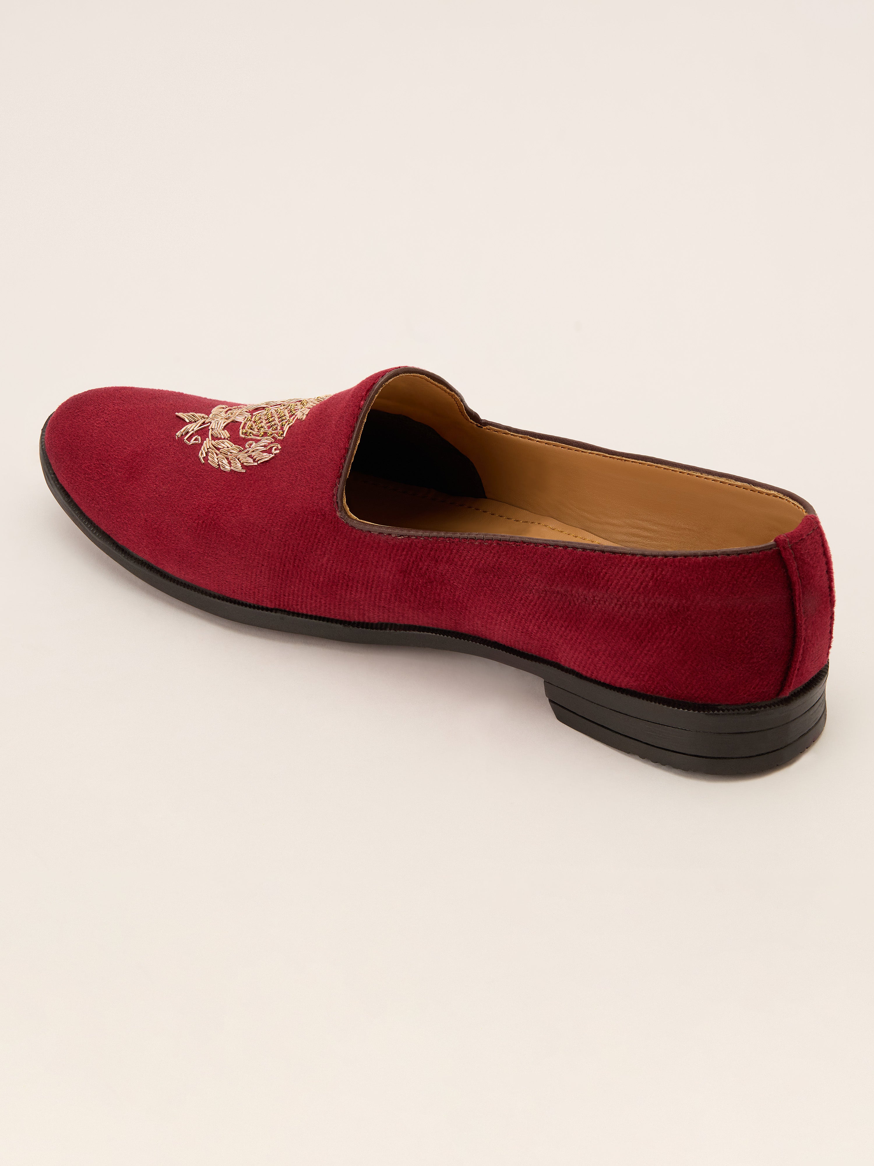 Men's Maroon Velvet Zardozi Crest Loafer | Gold Shield & Laurel Wreath Motif | Golden Beads | Almond Toe | TPR Sole