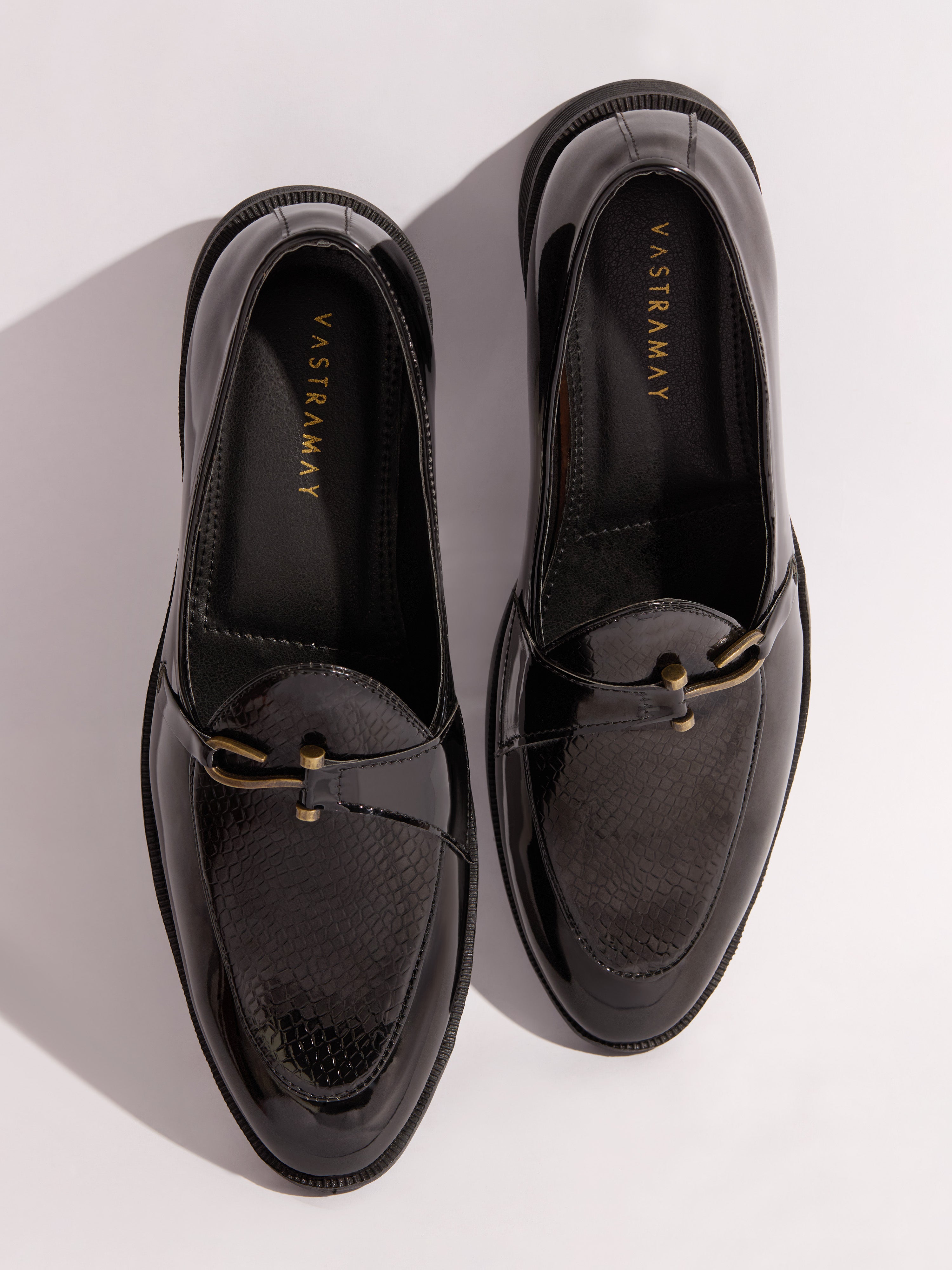 Men's Black Patent Croc-Embossed Buckle Loafer | Brass-Toned Metallic Strap | High-Shine Finish | Almond Toe | Airmix Sole
