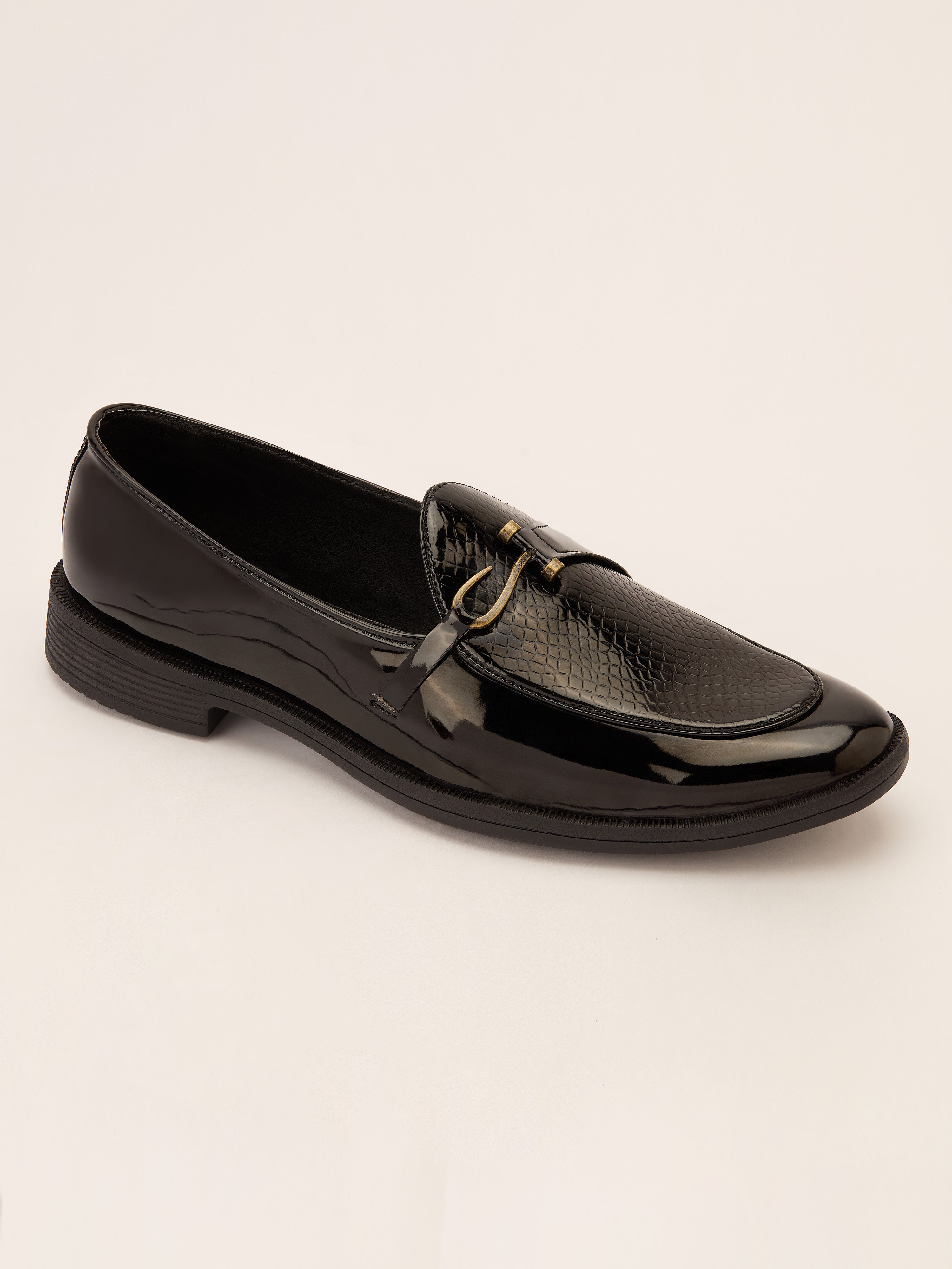 Men's Black Patent Croc-Embossed Buckle Loafer | Brass-Toned Metallic Strap | High-Shine Finish | Almond Toe | Airmix Sole