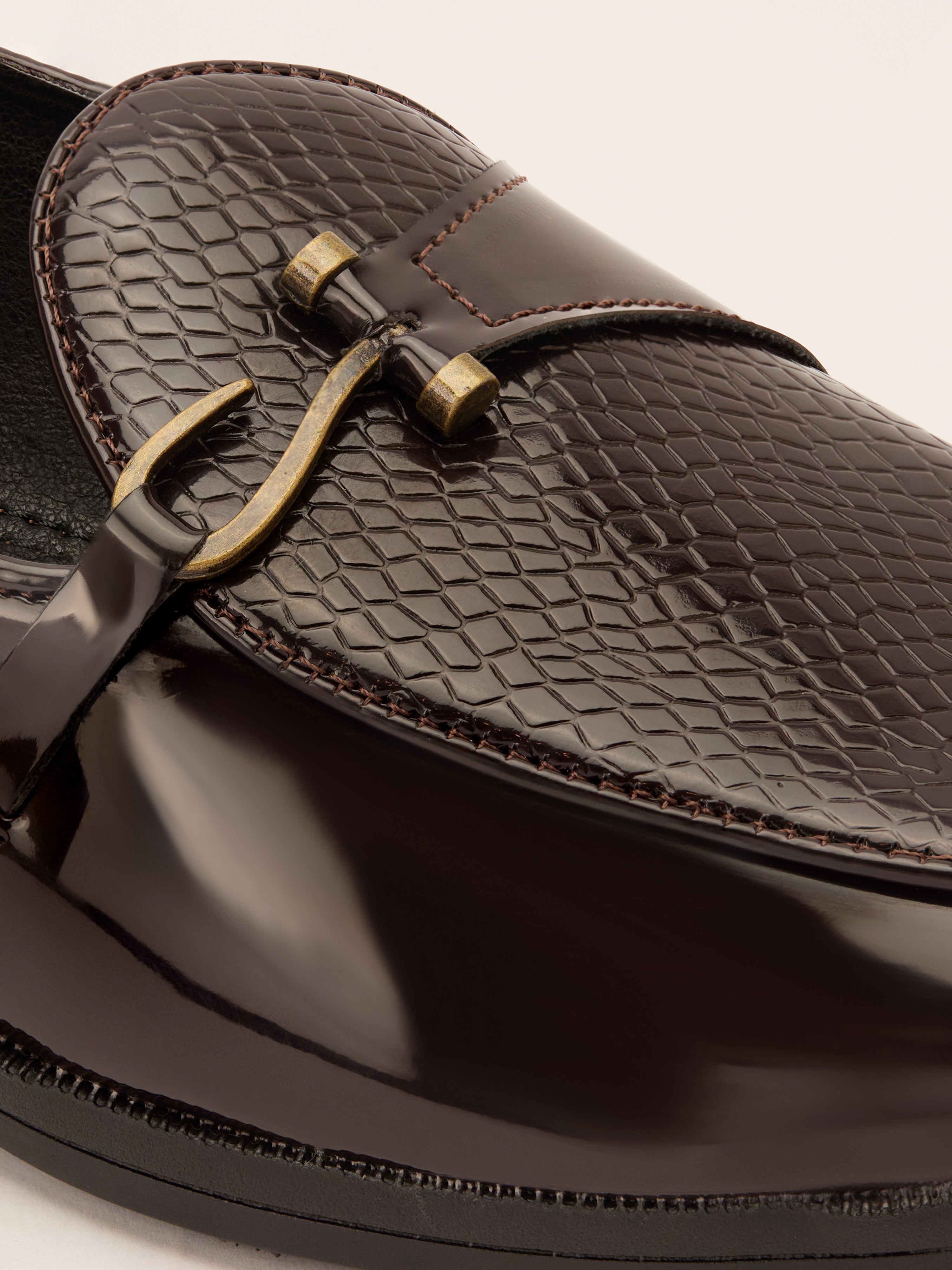 Men's Wine Patent Croc-Embossed Buckle Loafer | Brass-Toned Metallic Strap | High-Shine Finish | Almond Toe | Airmix Sole