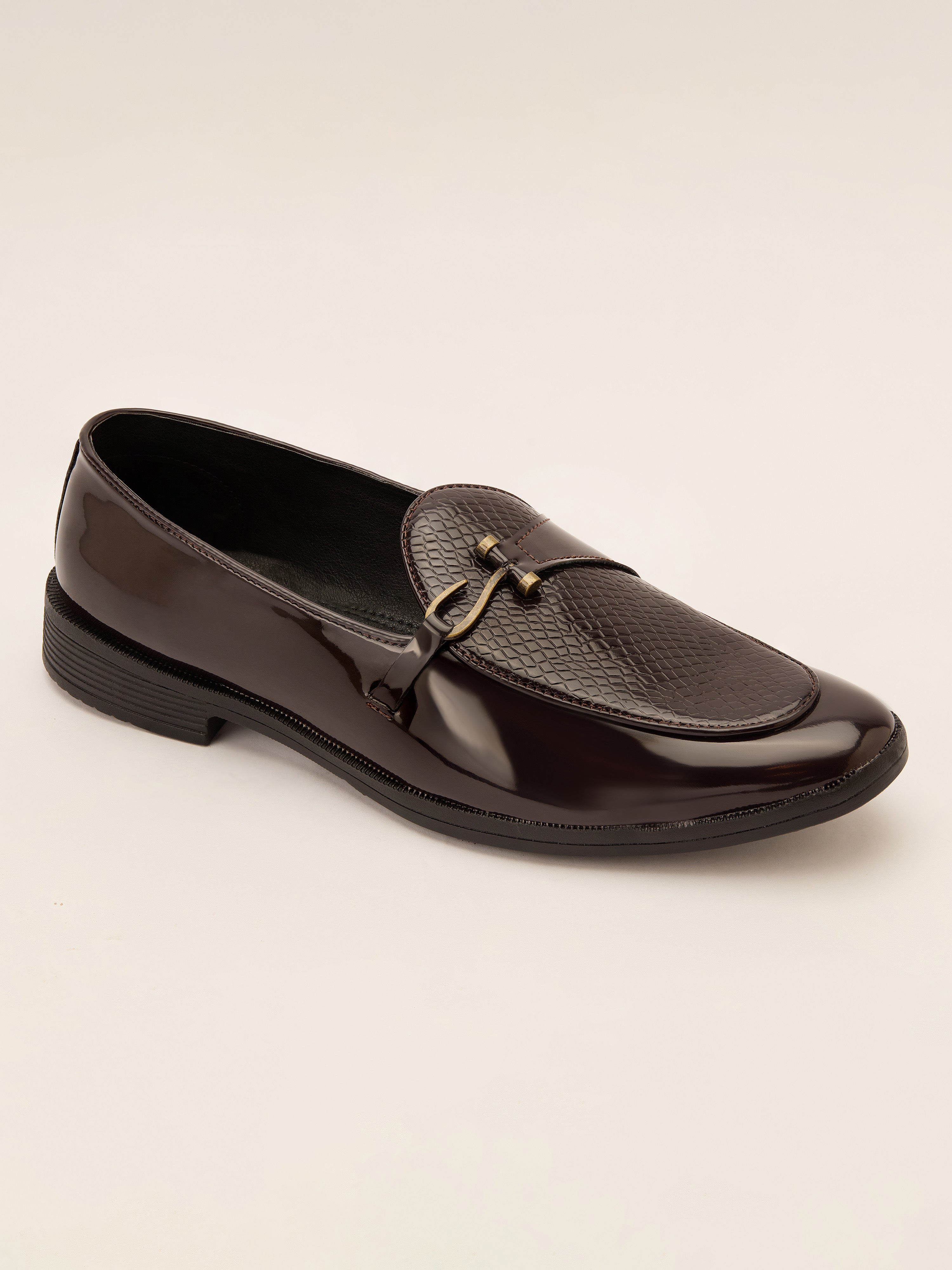 Men's Wine Patent Croc-Embossed Buckle Loafer | Brass-Toned Metallic Strap | High-Shine Finish | Almond Toe | Airmix Sole