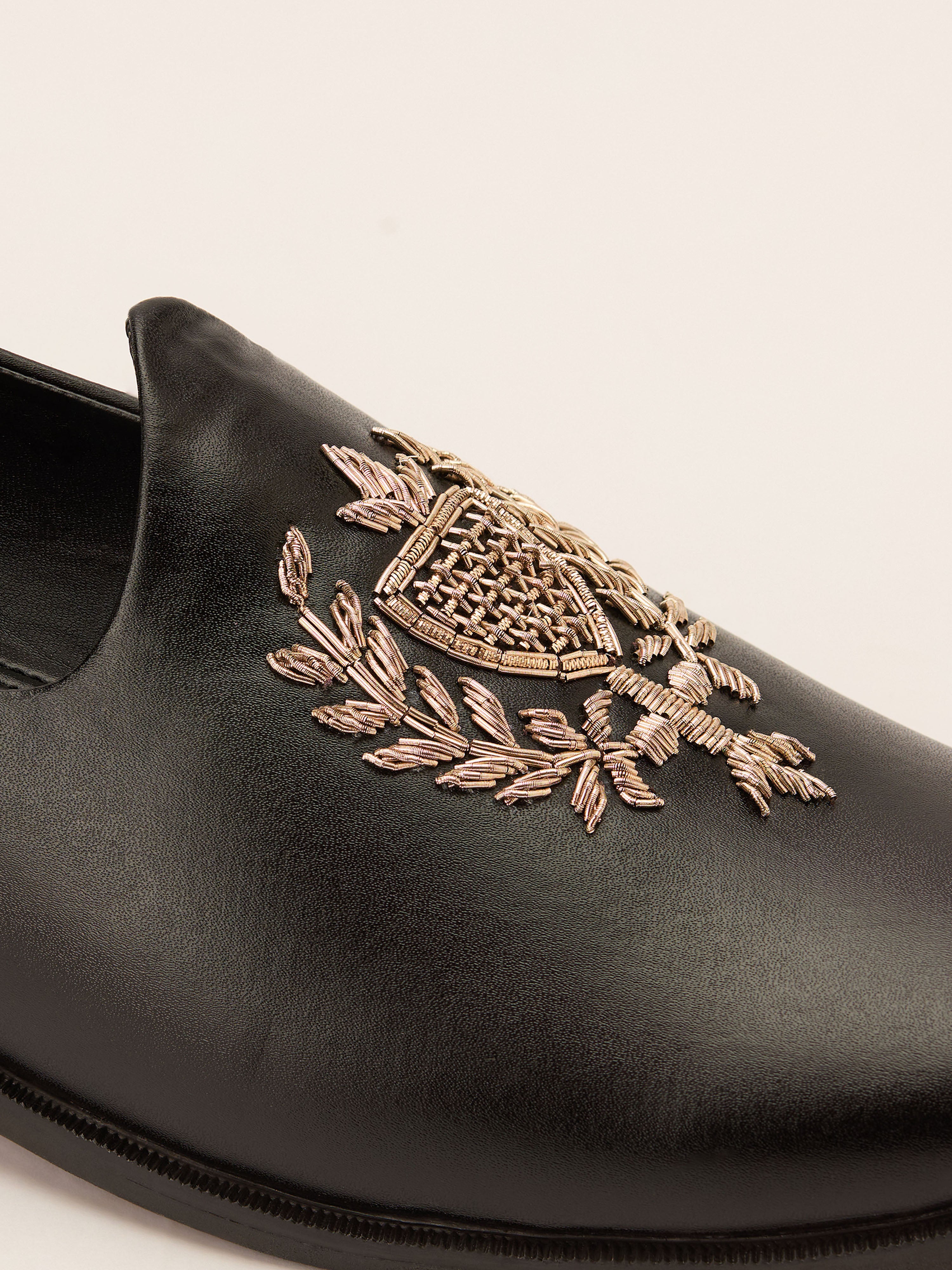 Men's Full Black Textured Matte Loafer | Gold Zardozi Shield Crest | Slip-On | Almond Toe | TPR Sole | All Season