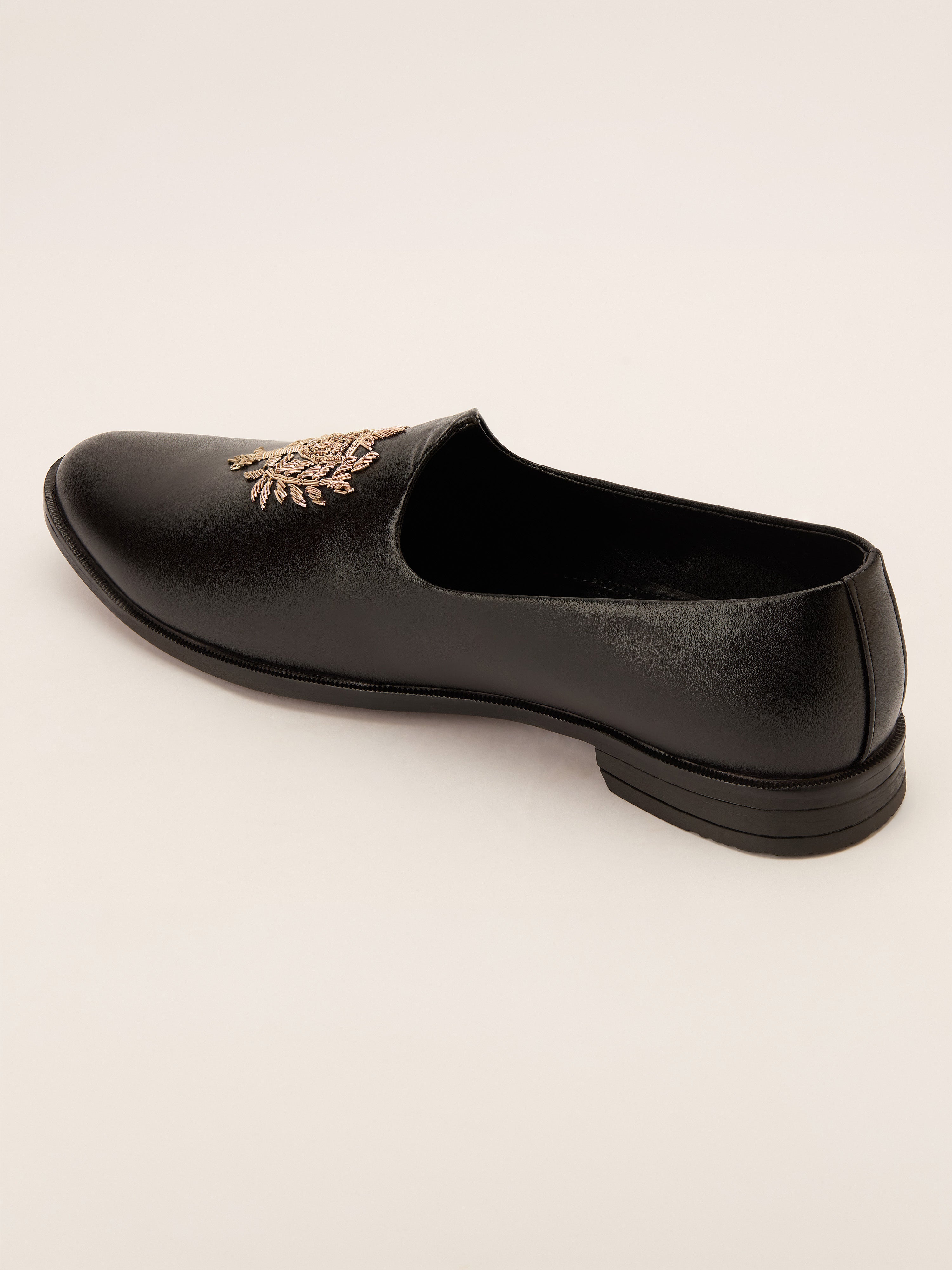 Men's Full Black Textured Matte Loafer | Gold Zardozi Shield Crest | Slip-On | Almond Toe | TPR Sole | All Season