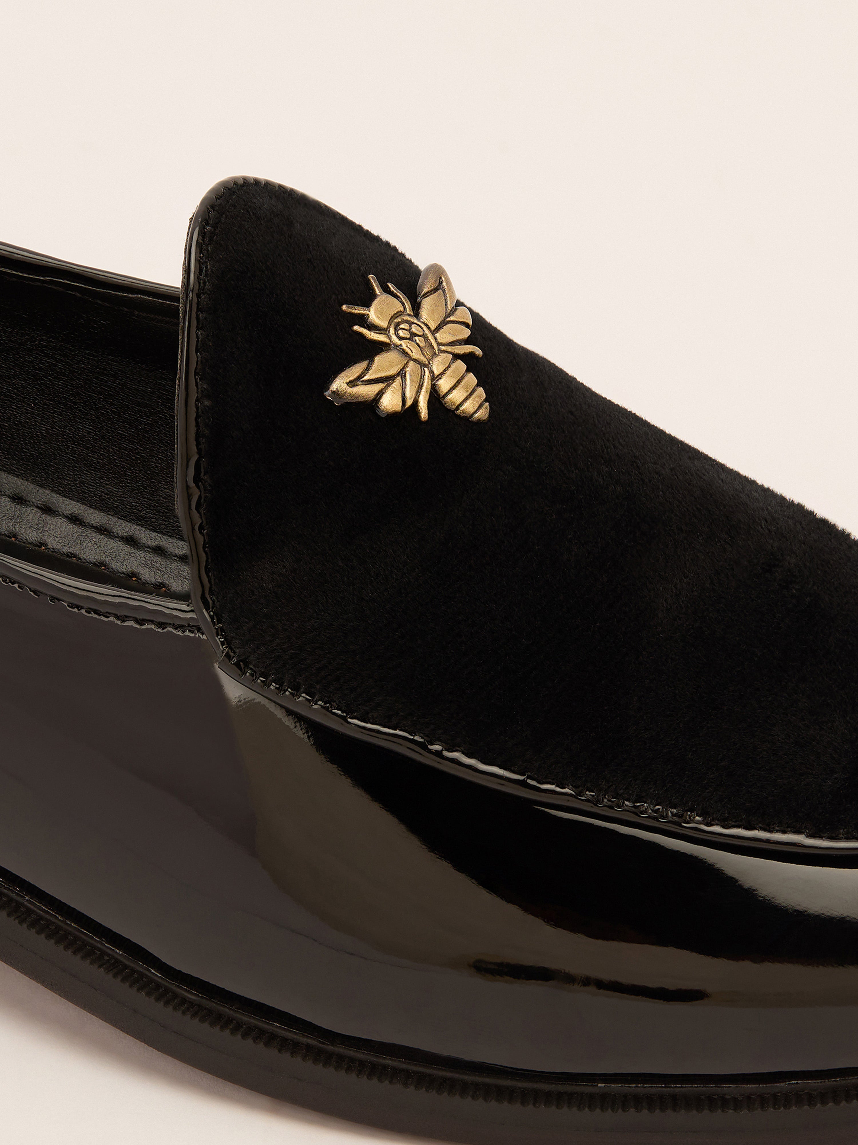 Men's Black Velvet-Patent Loafer | Antiqued Brass Honeybee Charm | High-Gloss Patent Sides | Almond Toe | TPR Sole | All Season