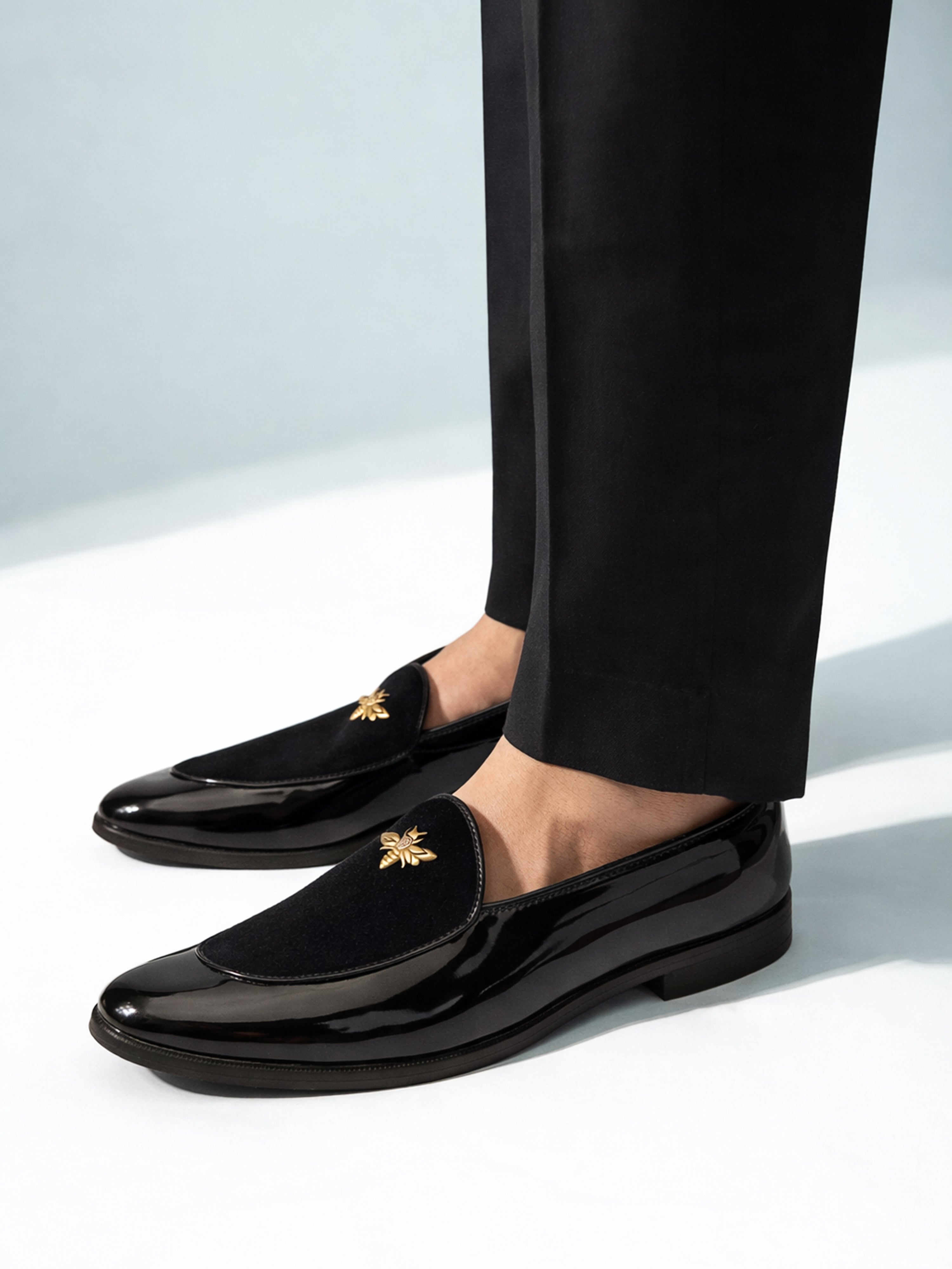 Men's Black Velvet-Patent Loafer | Antiqued Brass Honeybee Charm | High-Gloss Patent Sides | Almond Toe | TPR Sole | All Season