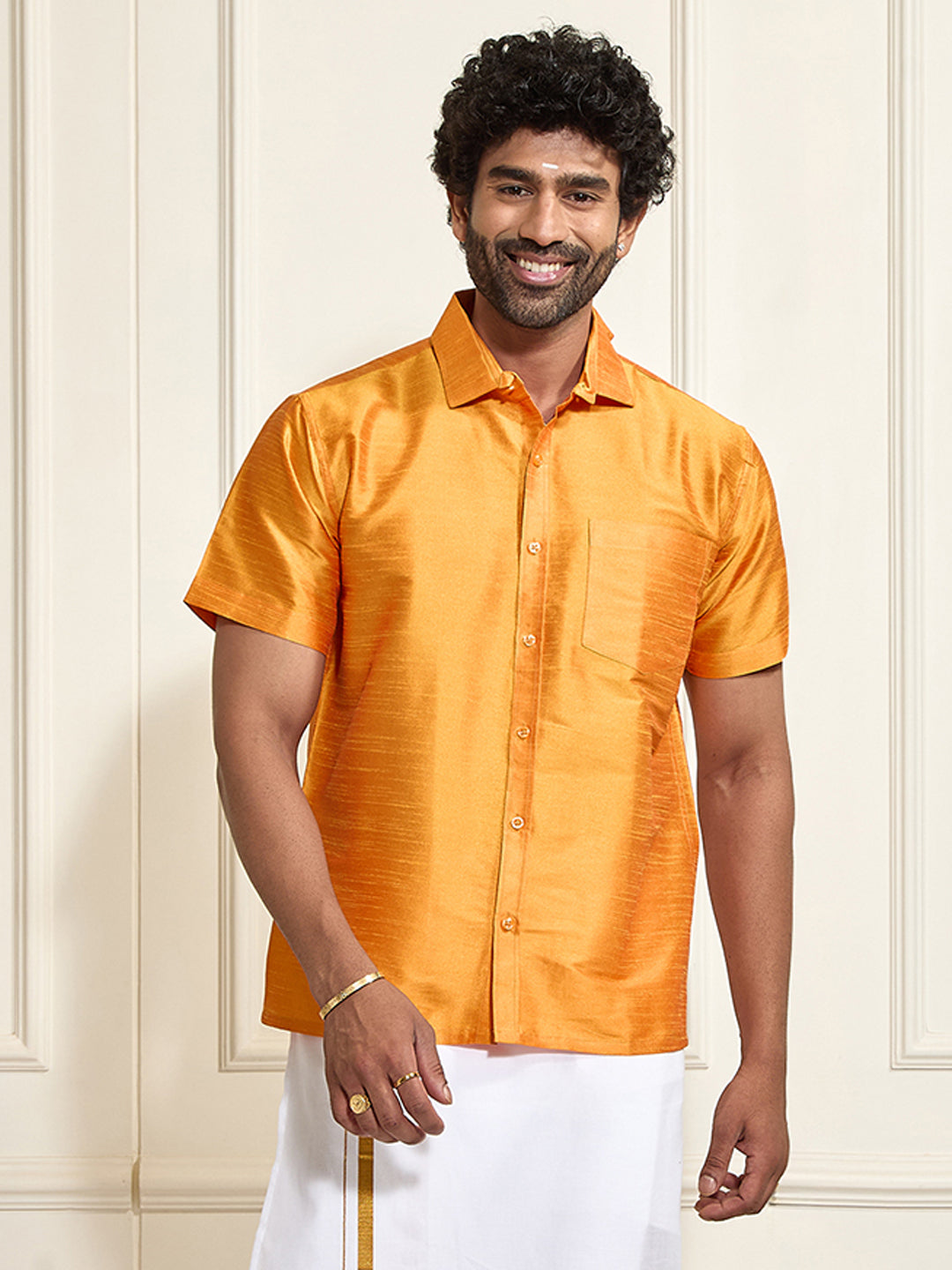 VASTRAMAY Men's Orange Silk Blend Ethnic Shirt