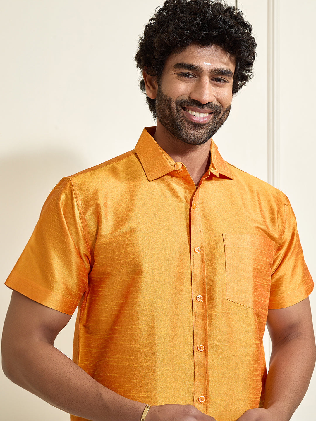 VASTRAMAY Men's Orange Silk Blend Ethnic Shirt