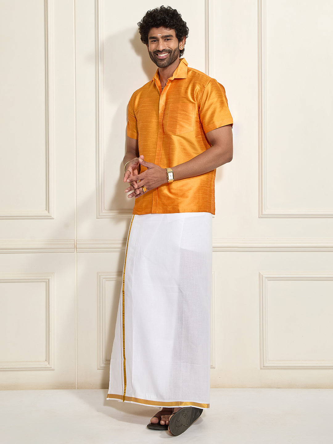 Men's Rose Gold Silk Blend Shirt And Mundu