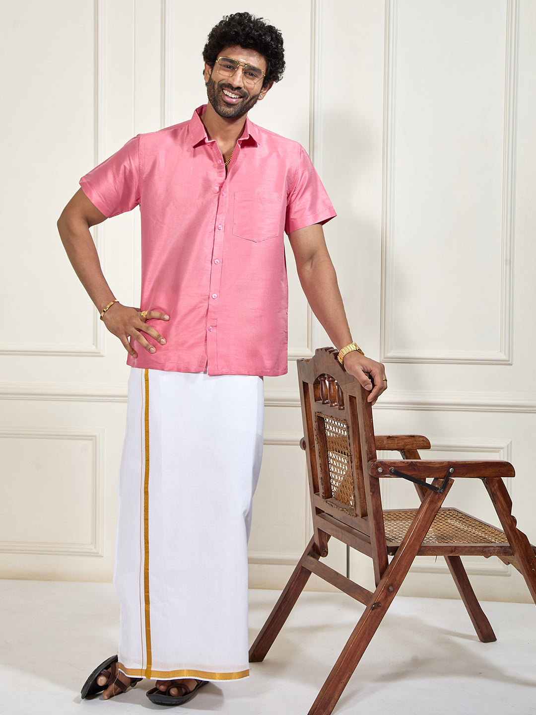 Men's Pink Silk Blend Shirt And Mundu