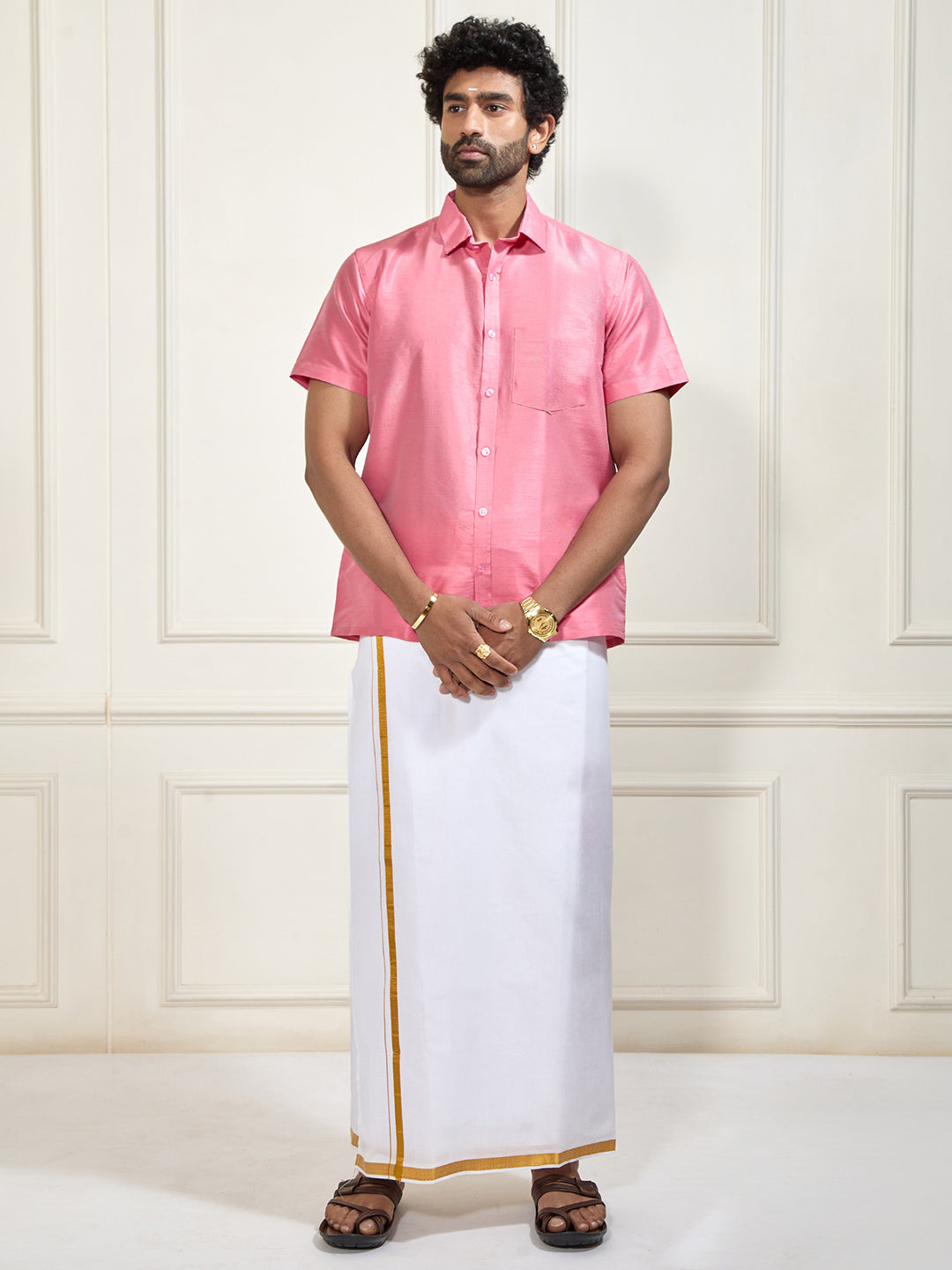 Men's Pink Silk Blend Shirt And Mundu