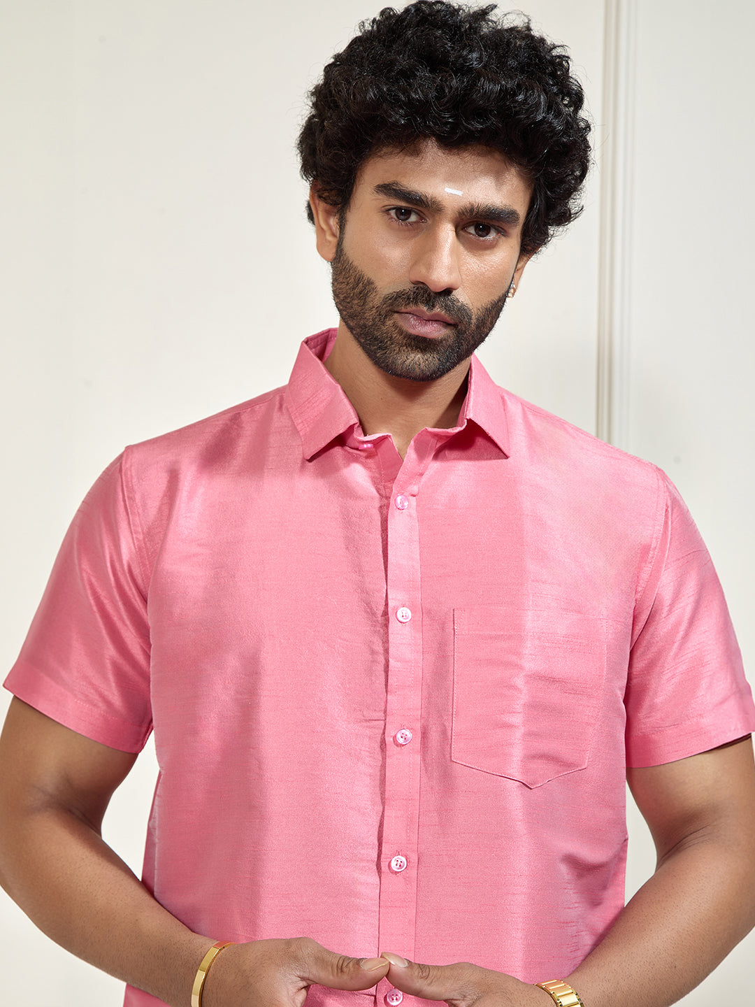 Men's Pink Silk Blend Shirt And Mundu