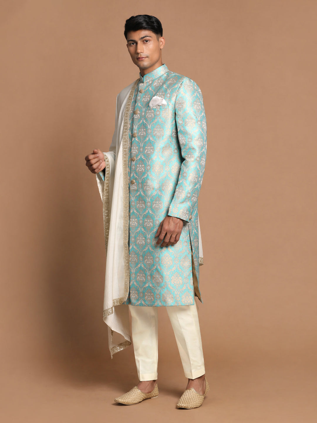 Blue Silk Blend Woven Sherwani Set with Zari Dupatta