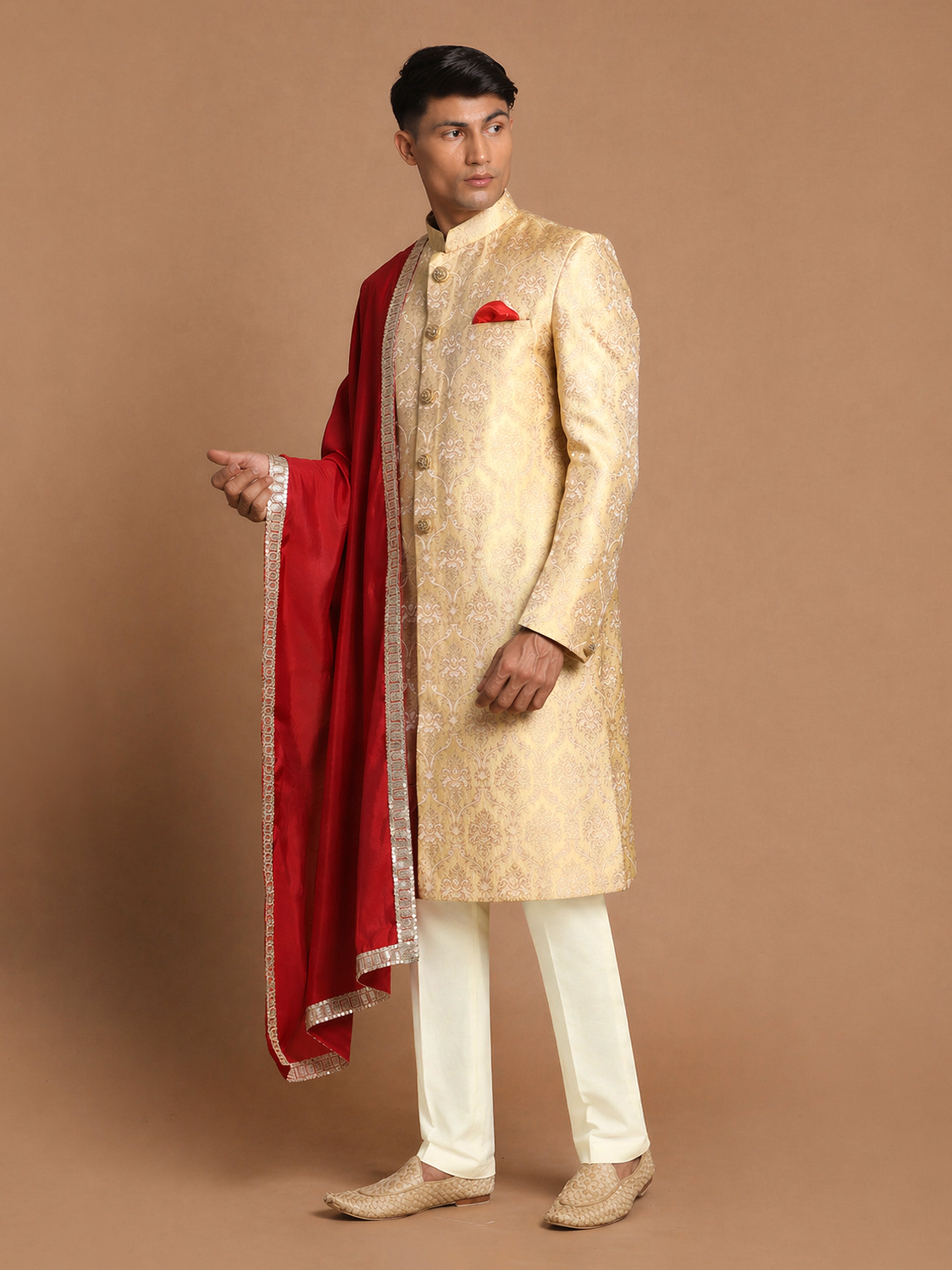 Gold Silk Blend Woven Sherwani Set with Red Dupatta