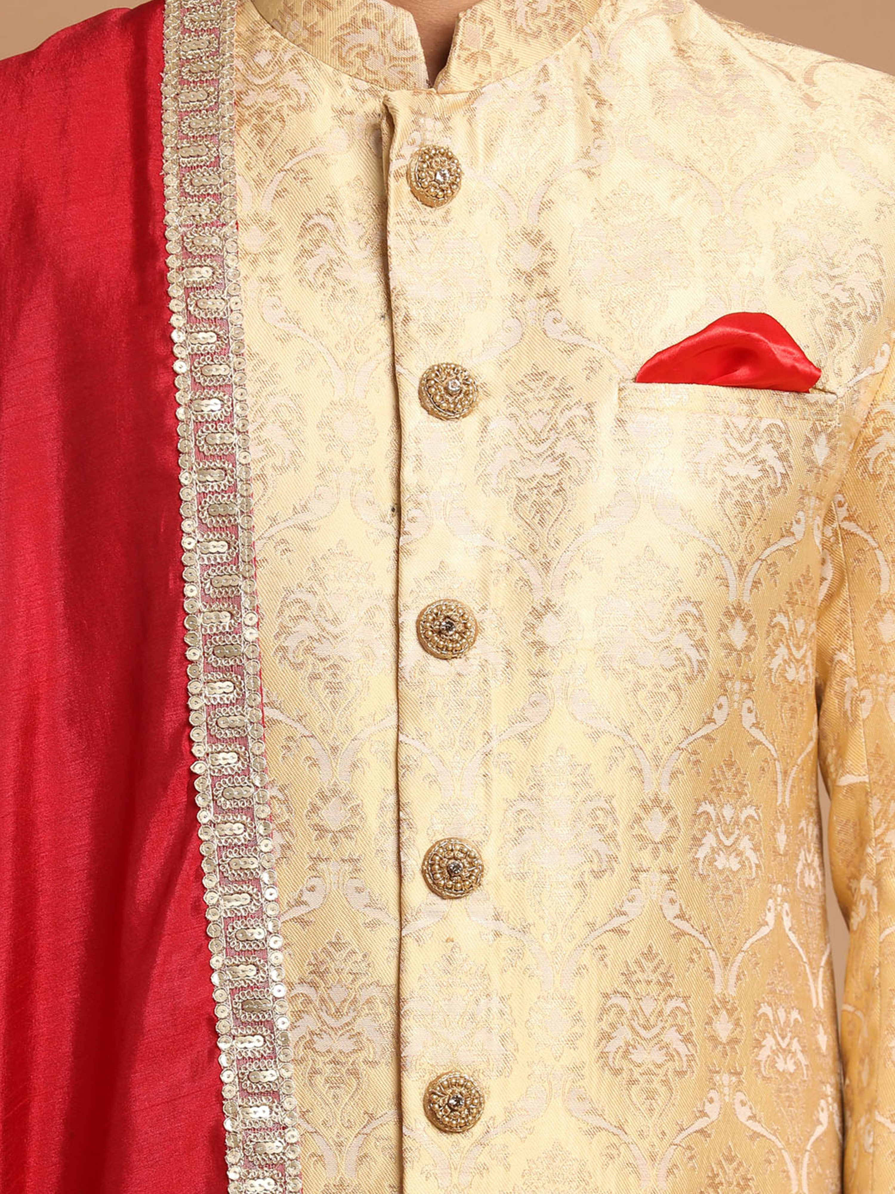 Men's Gold Silk-Blend Ethnic Motiff Thigh Length Sherwani Set with Pyjama