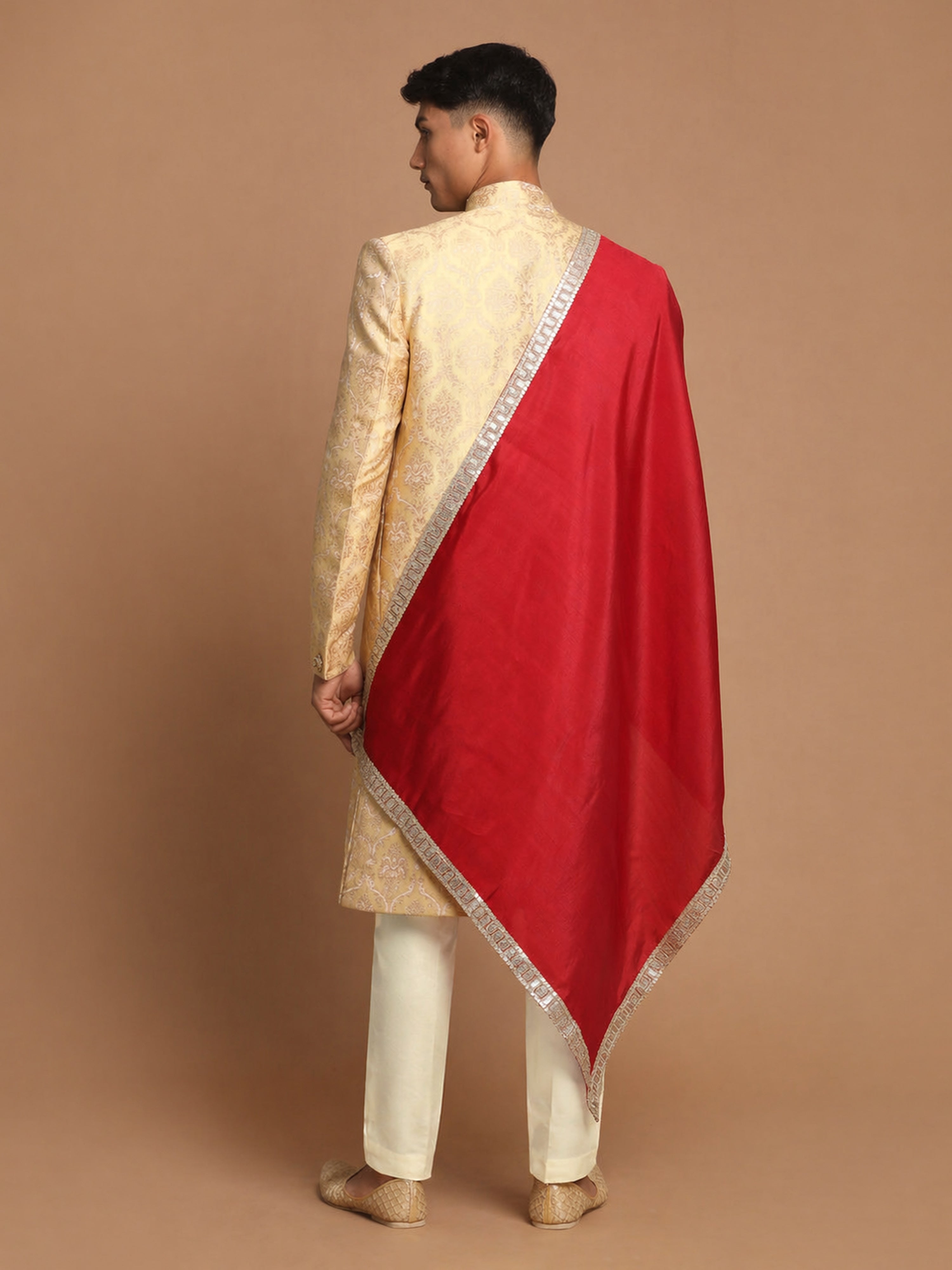 Men's Gold Silk-Blend Ethnic Motiff Thigh Length Sherwani Set with Pyjama