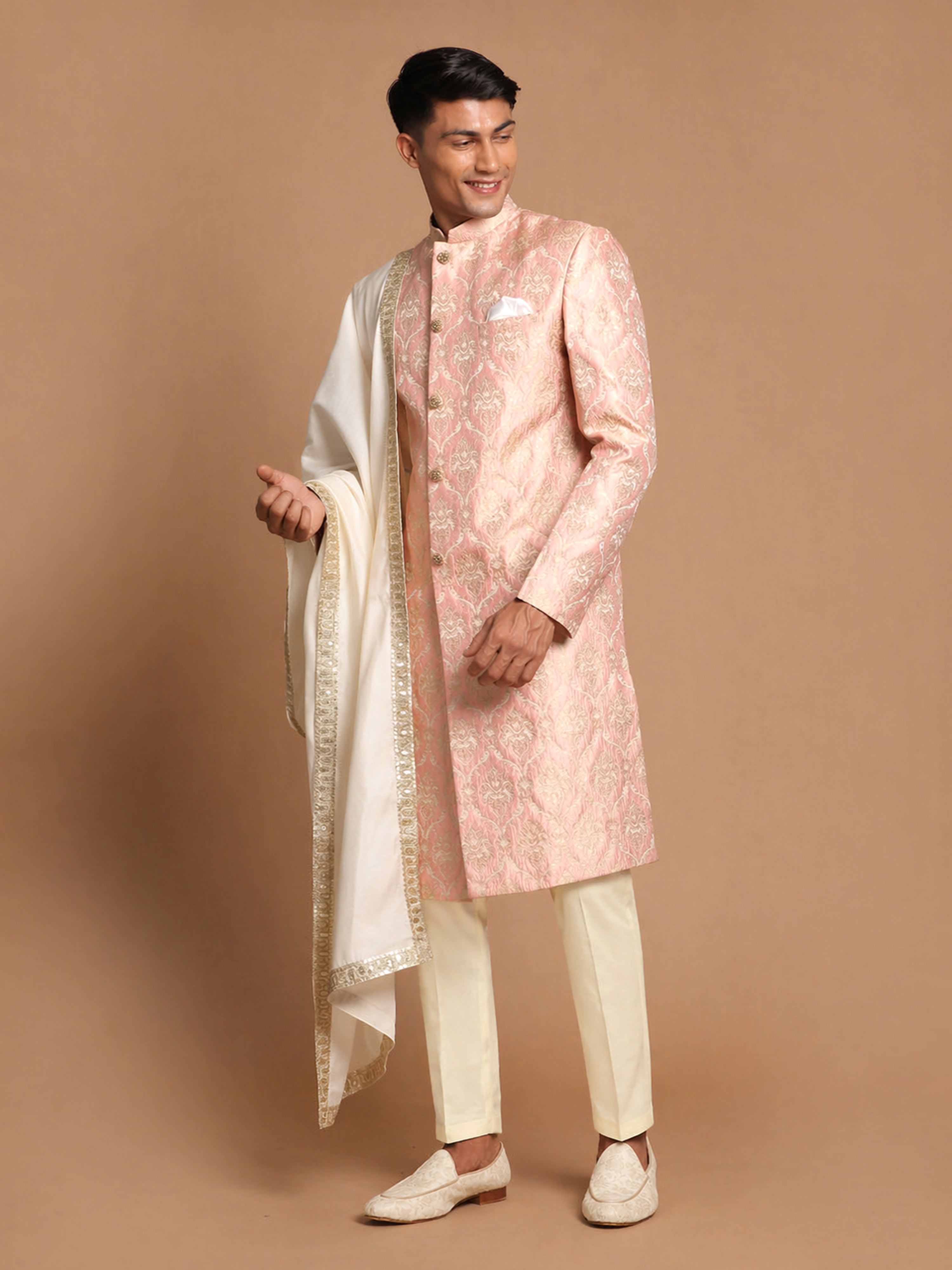 Pink Silk Blend Jacquard Sherwani Set with Dupatta