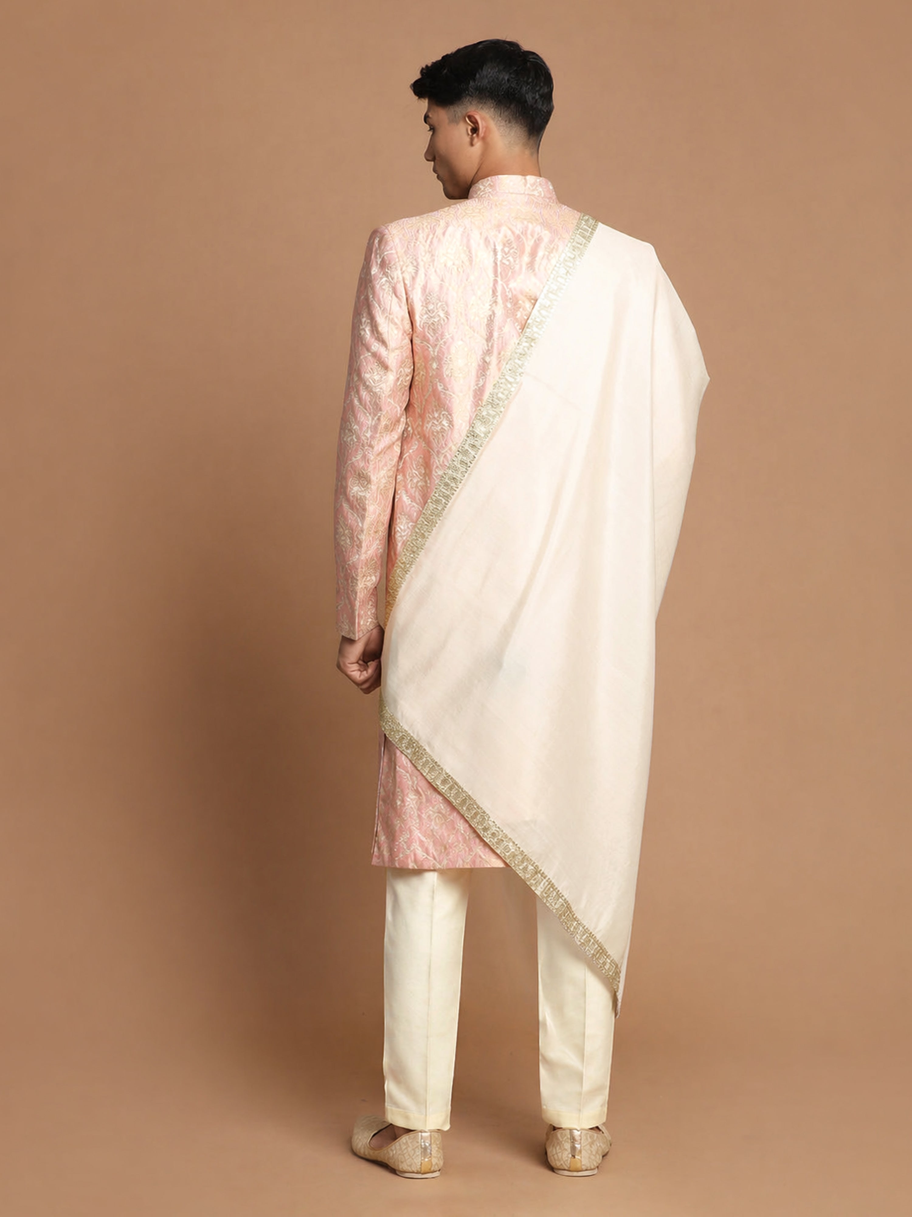 Men's Pink Silk-Blend Ethnic Motiff Thigh Length Sherwani Set with Pyjama