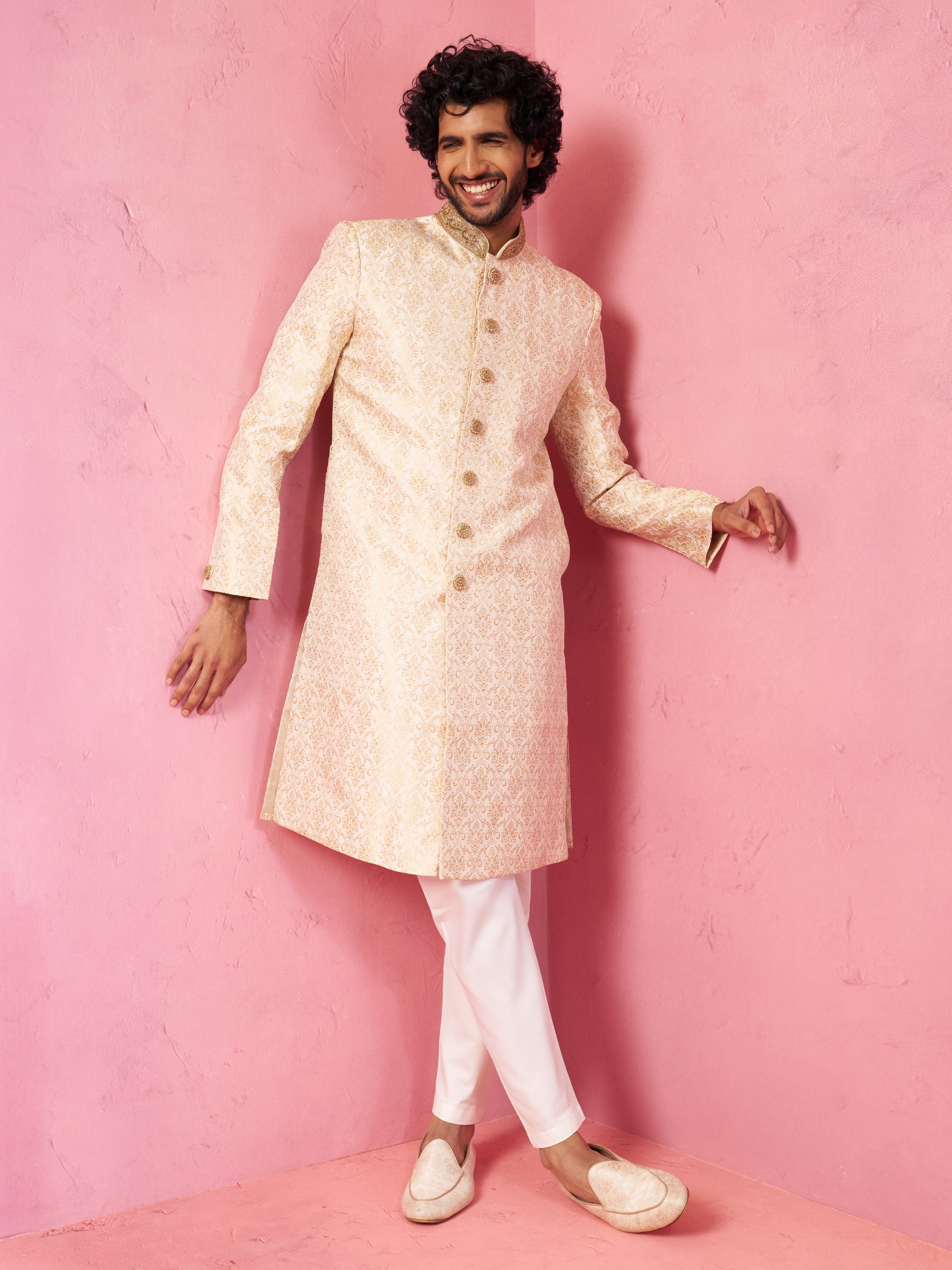 Men's Beige Silk Blend Sherwani Set with Cream Pyjama