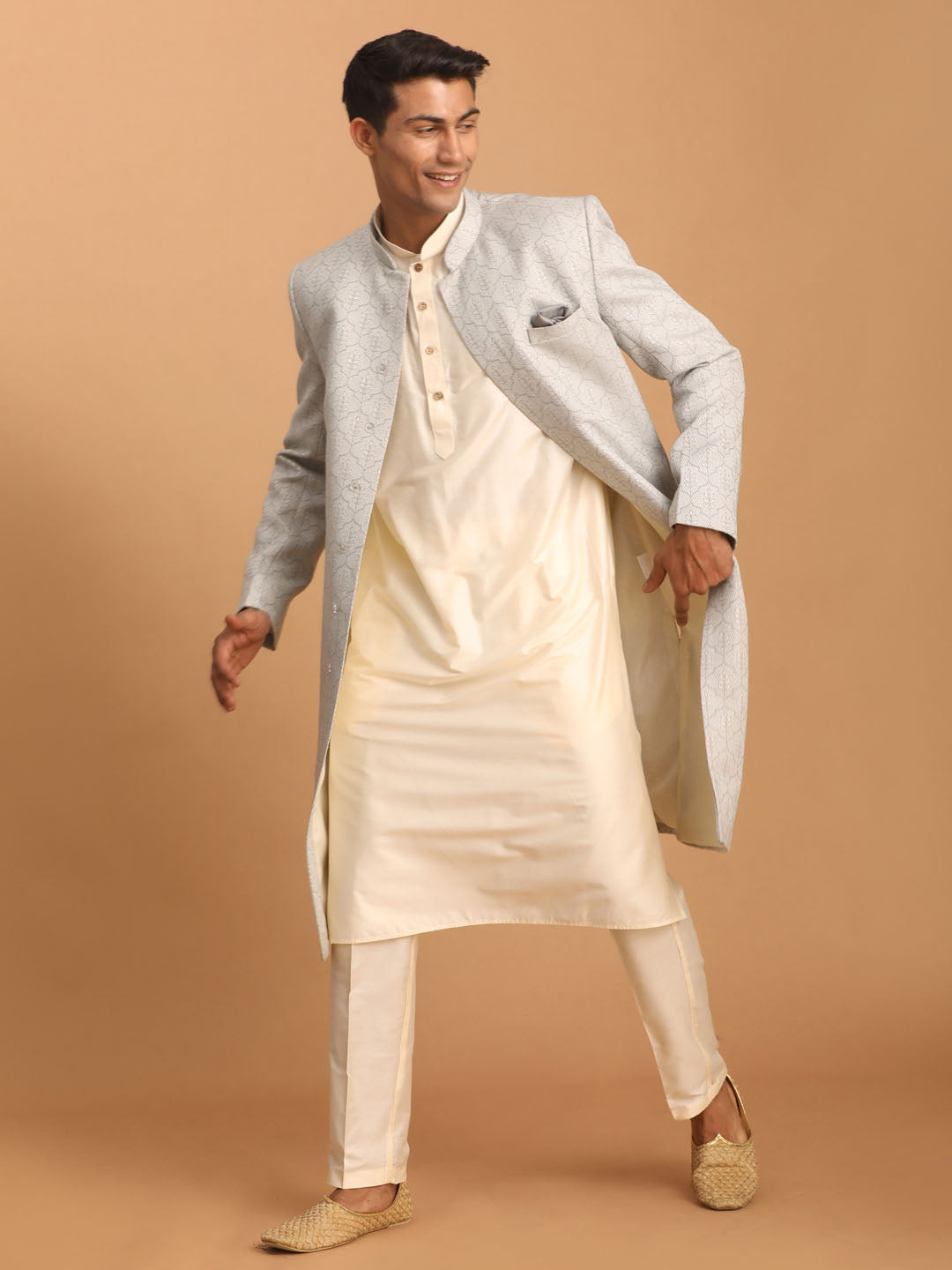 Men Grey Imported Jacquard Sherwani with Cream Kurta Pyjama Set