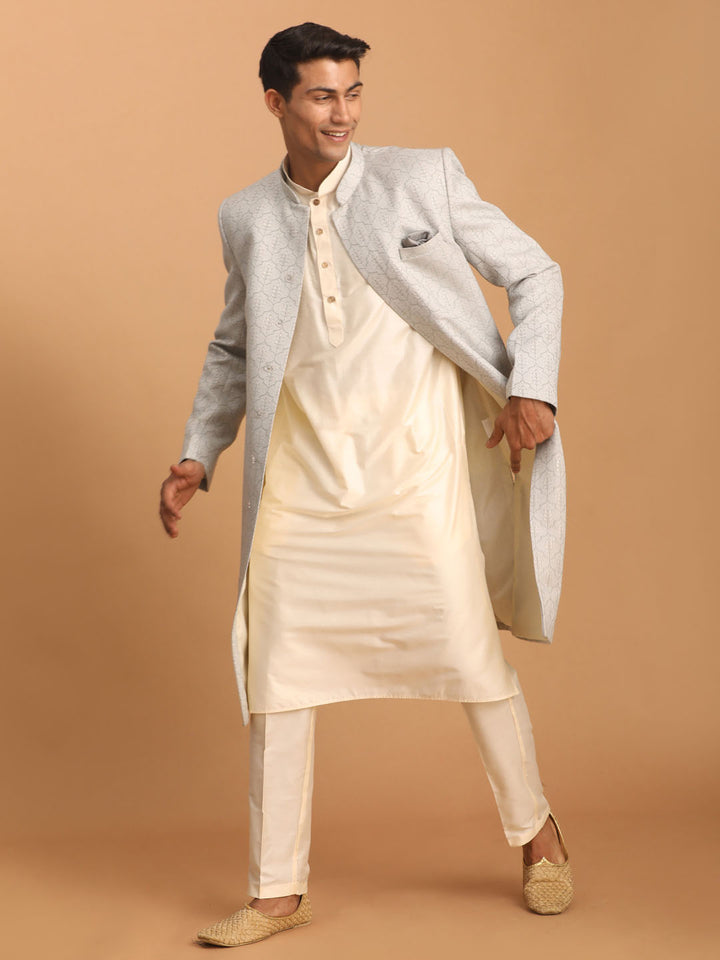 Men Grey Imported Jacquard Sherwani with Cream Kurta Pyjama Set