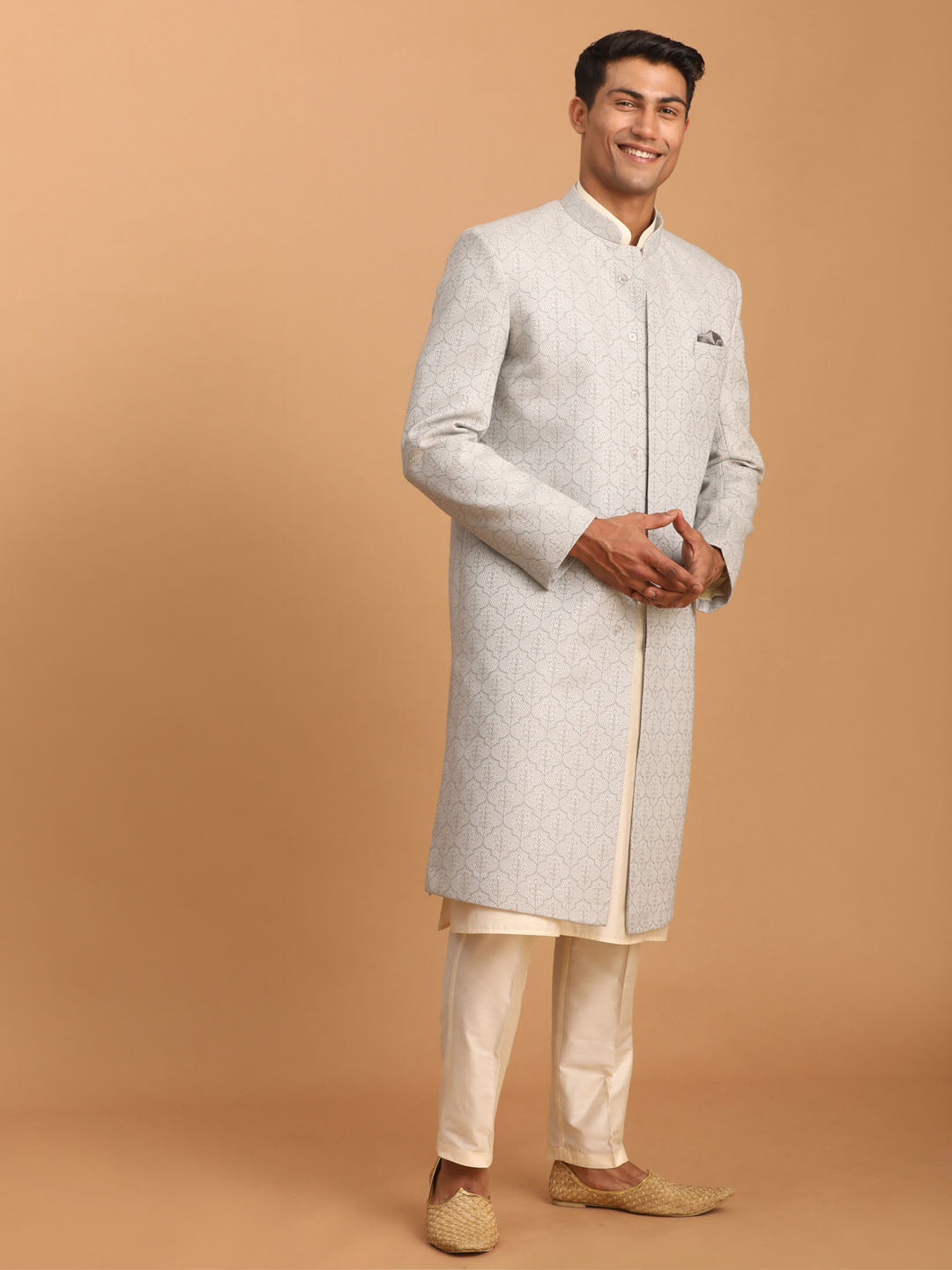 Men Grey Imported Jacquard Sherwani with Cream Kurta Pyjama Set