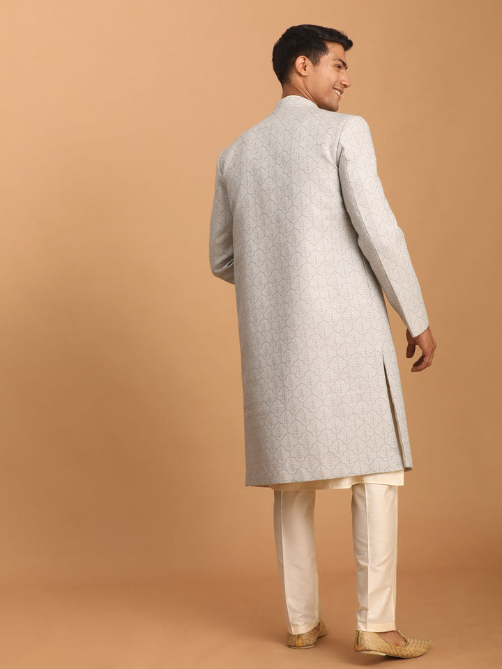 Men Grey Imported Jacquard Sherwani with Cream Kurta Pyjama Set