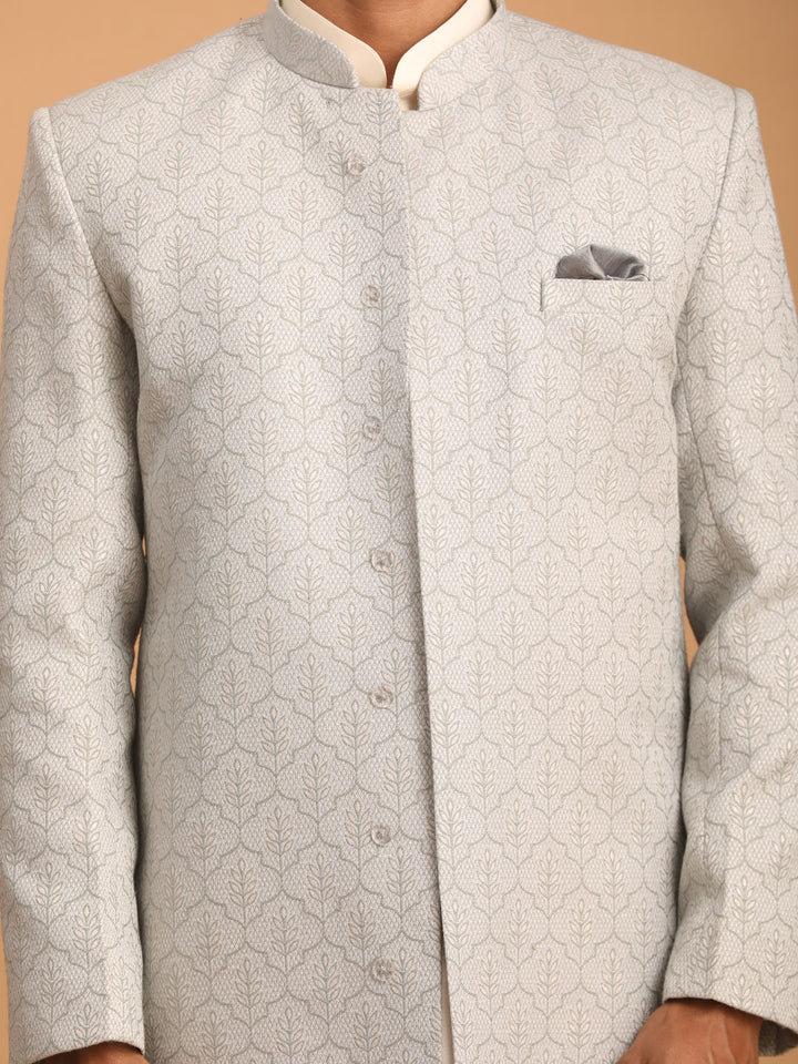 Men Grey Imported Jacquard Sherwani with Cream Kurta Pyjama Set