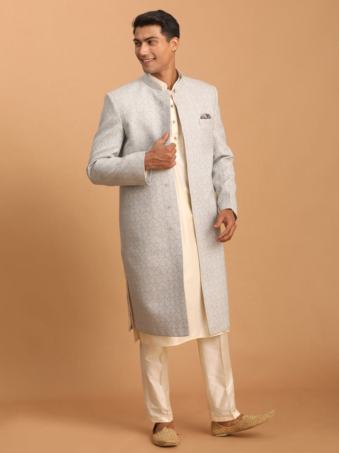 Men Grey Imported Jacquard Sherwani with Cream Kurta Pyjama Set