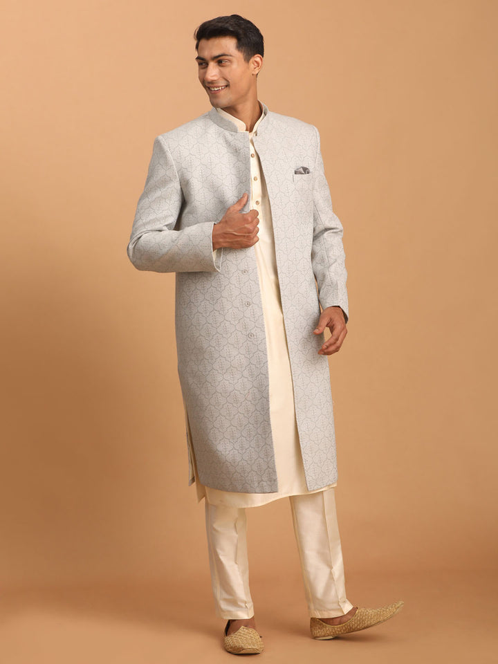 Men Grey Imported Jacquard Sherwani with Cream Kurta Pyjama Set