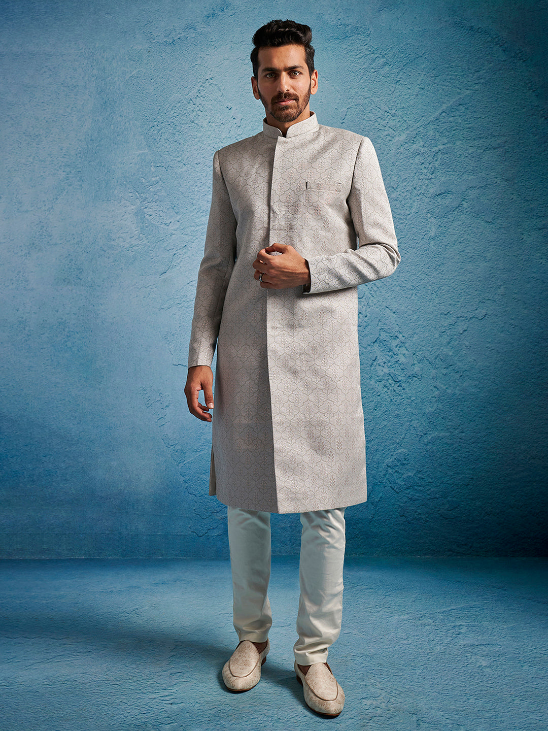 Men Grey Kenzo Jacquard Silk Blend Sherwani with Cream Pyjama Set