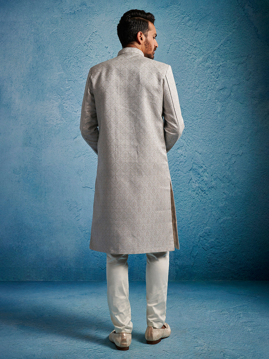 Men Grey Kenzo Jacquard Silk Blend Sherwani with Cream Pyjama Set