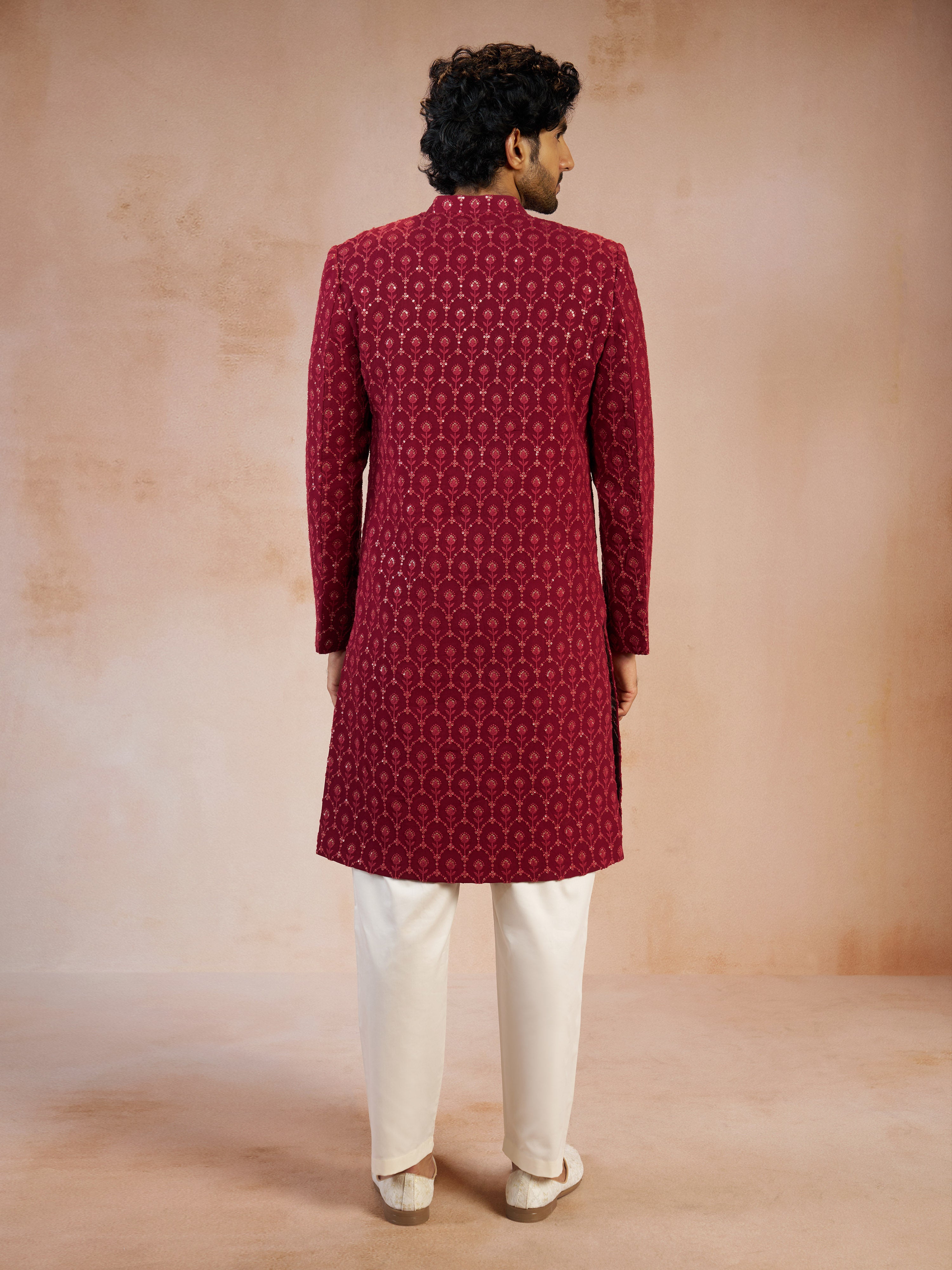 Men's Maroon Sequin Embroidered Georgette Sherwani with Cream Solid Silk Pyjama Set