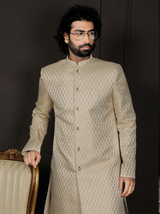 VASTRAMAY Men's Cream And Gold Silk Blend Sherwani Set